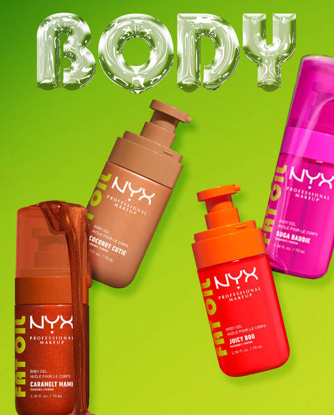 Se muestran los bodyshots de los cuatro aceites corporales de NYX Professional Makeup: Suga Baddie, Coconut Cutie, Juicy Boo y Caramelt Mami.