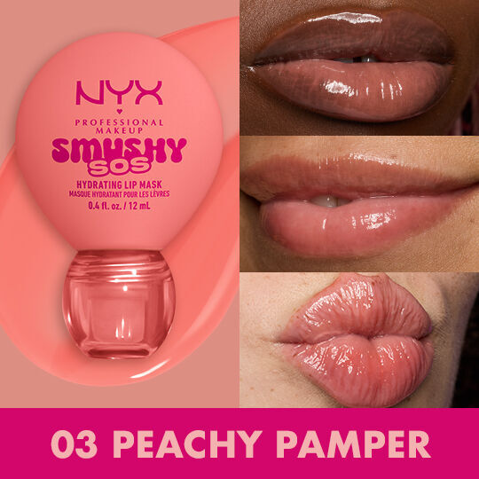 Lip macros in three different skin tones of models wearing NYX Professional Makeup Smushy SOS Hydrating Lip Mask in shade 03 Peachy Pamper