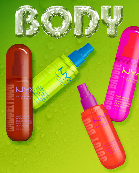 Se muestran los packshots de las cuatro fragancias corporales de NYX Professional Makeup: Suga Baddie, Coconut Cutie, Juicy Boo y Caramelt Mami.