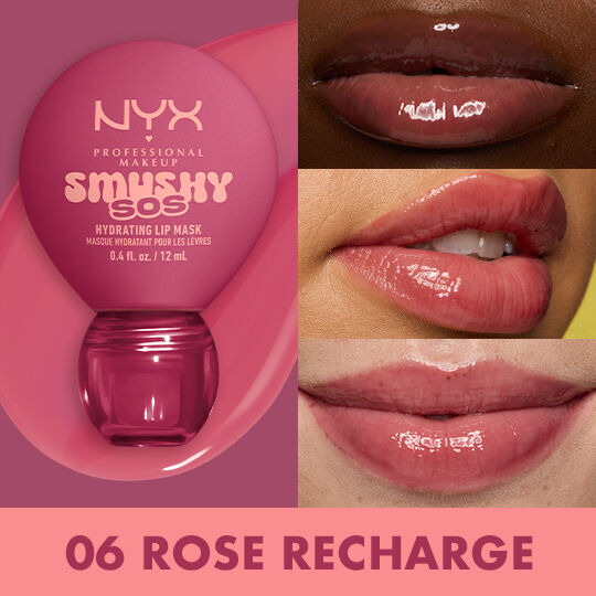 Lip macros in three different skin tones of models wearing NYX Professional Makeup Smushy SOS Hydrating Lip Mask in shade 06 Rose Recharge