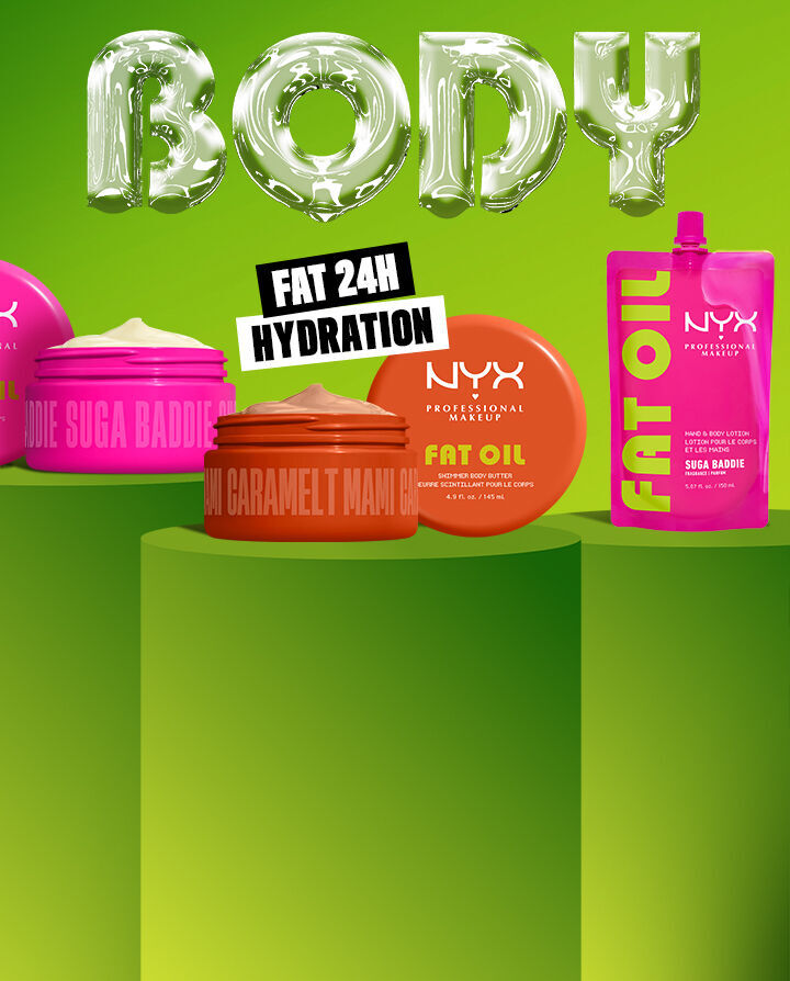 Cremas y lociones corporales de NYX Professional Makeup presentadas sobre un fondo verde con el texto "BODY" en negrita, envases en rosa y naranja vibrantes y la etiqueta "Fat 24h Hydration".