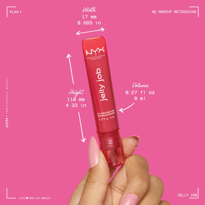 Close up of a model holding a Jelly Job product and dimensions outlined 