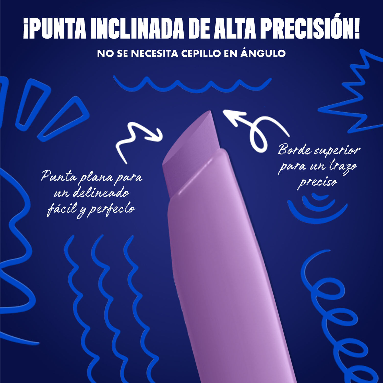 Blue-themed NYX graphic highlighting the slanted tip of an eyeliner pen. Arrows explain how to use the flat edge for wings and the top edge for precise lines. Text: "Ultra precise slanted tip! No angled brush needed." in shade 08 Lavender Link