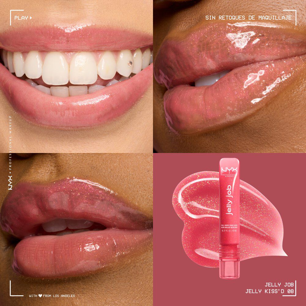 Quadrant showing Jelly Job lip macros on three models of fair, deep, medium skin tones and the product solider with swatch behind the hex code color in shade 08 Jelly Kiss'd