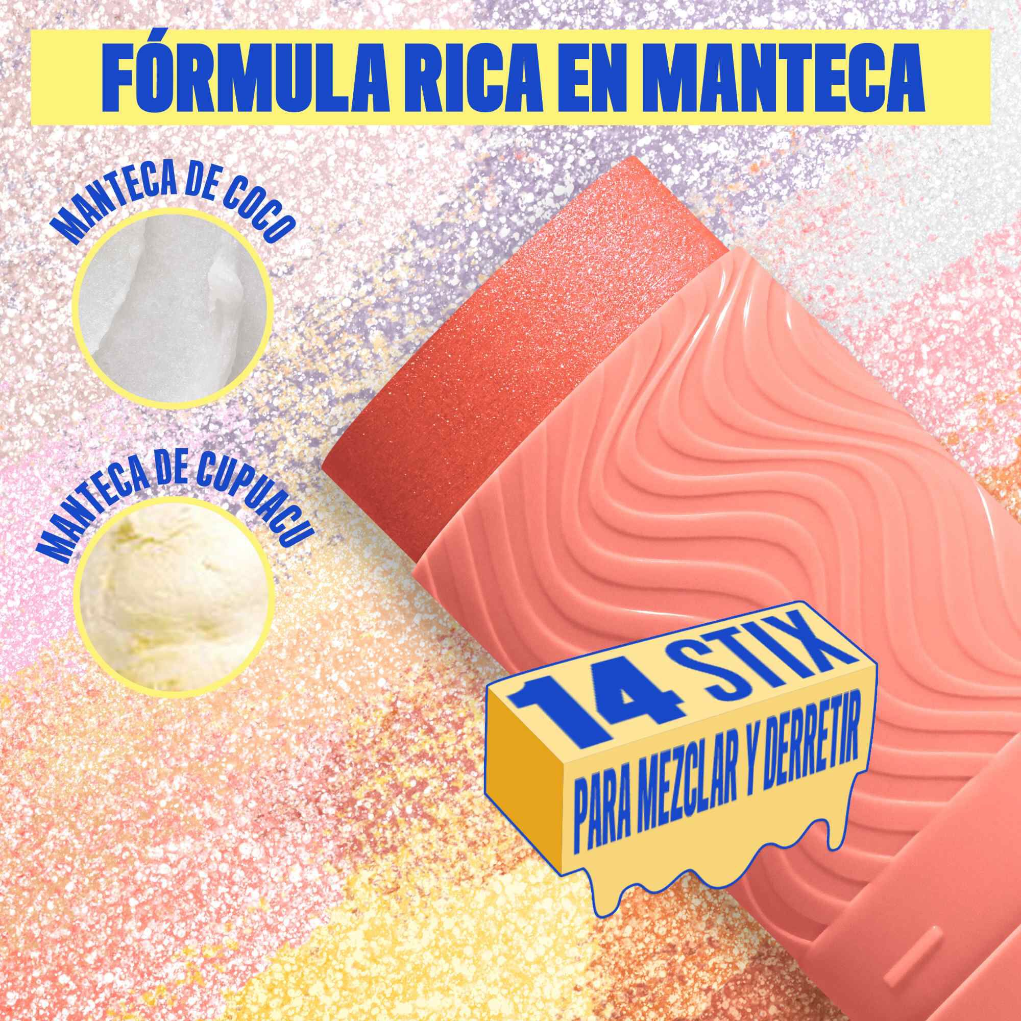 Buttermelt Stix product shown with various swatch textures as the background focusing on the coconut butter and cupuacu butter ingredients in shade 09 Melt Down
