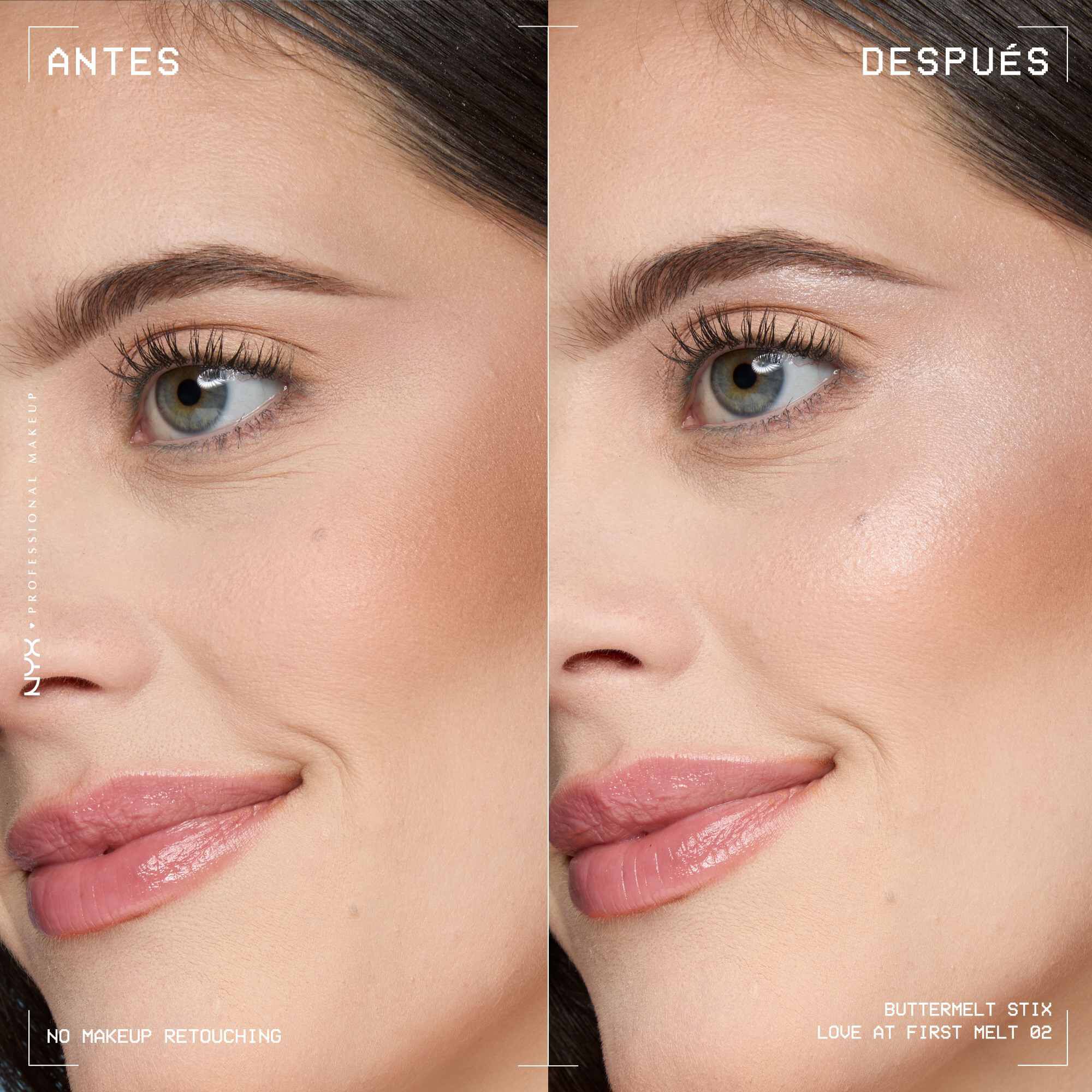 A side view of a model's face showing before and after results of using Buttermelt Stix in shade 02 Love At First Melt