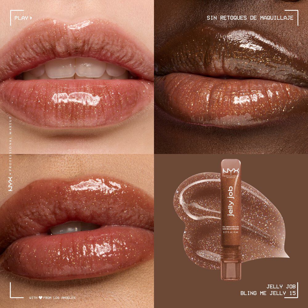 Quadrant showing Jelly Job lip macros on three models of fair, deep, medium skin tones and the product solider with swatch behind the hex code color in shade 15 Bling Me Jelly