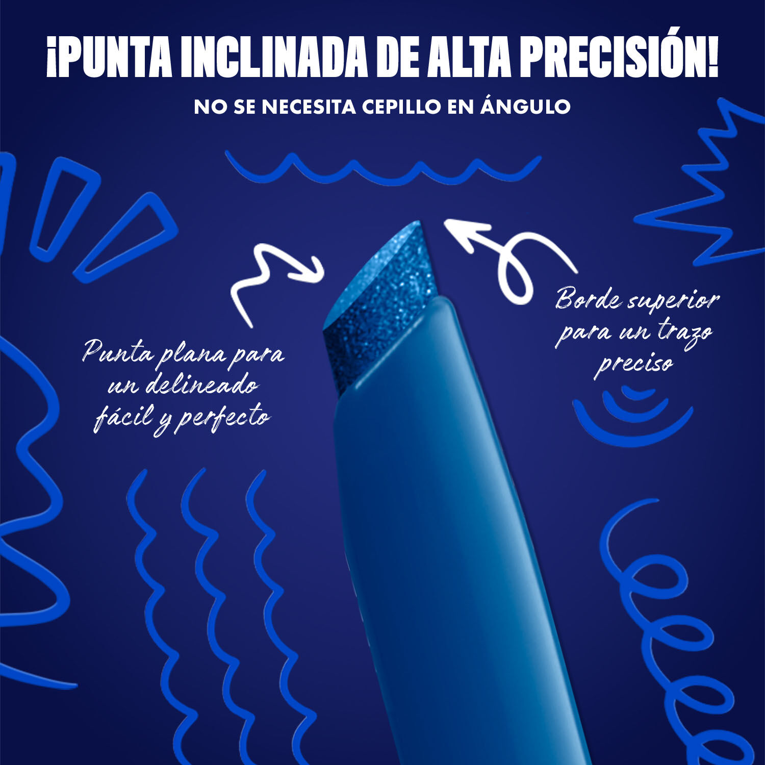 Blue-themed NYX graphic highlighting the slanted tip of an eyeliner pen. Arrows explain how to use the flat edge for wings and the top edge for precise lines. Text: "Ultra precise slanted tip! No angled brush needed." in shade 07 Turbo Teal