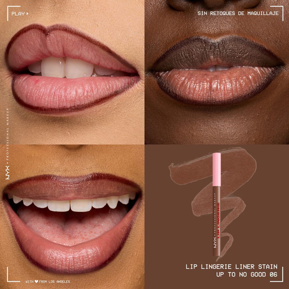 Quadrant showing Lip Lingerie Lip Liner Stain on three models of fair, deep, medium skin tones and the product solider with swatch behind the hex code color in shade 06 Up to No Good