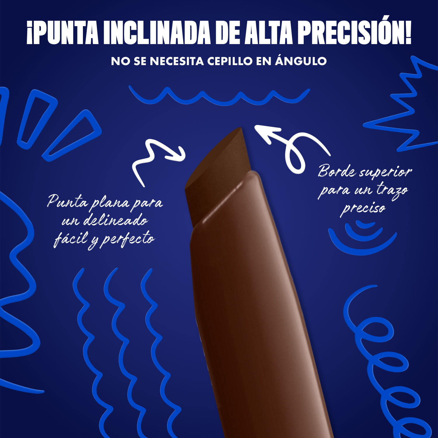 Blue-themed NYX graphic highlighting the slanted tip of an eyeliner pen. Arrows explain how to use the flat edge for wings and the top edge for precise lines. Text: "Ultra precise slanted tip! No angled brush needed." in shade 02 Ember Energy