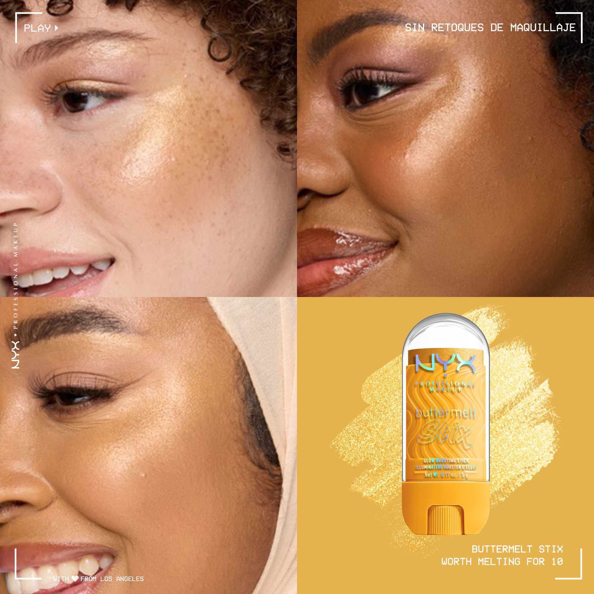 Quadrant showing Jelly Job lip macros on three models of fair, deep, medium skin tones and the product solider with swatch behind the hex code color in shade 10 Worth Melting For