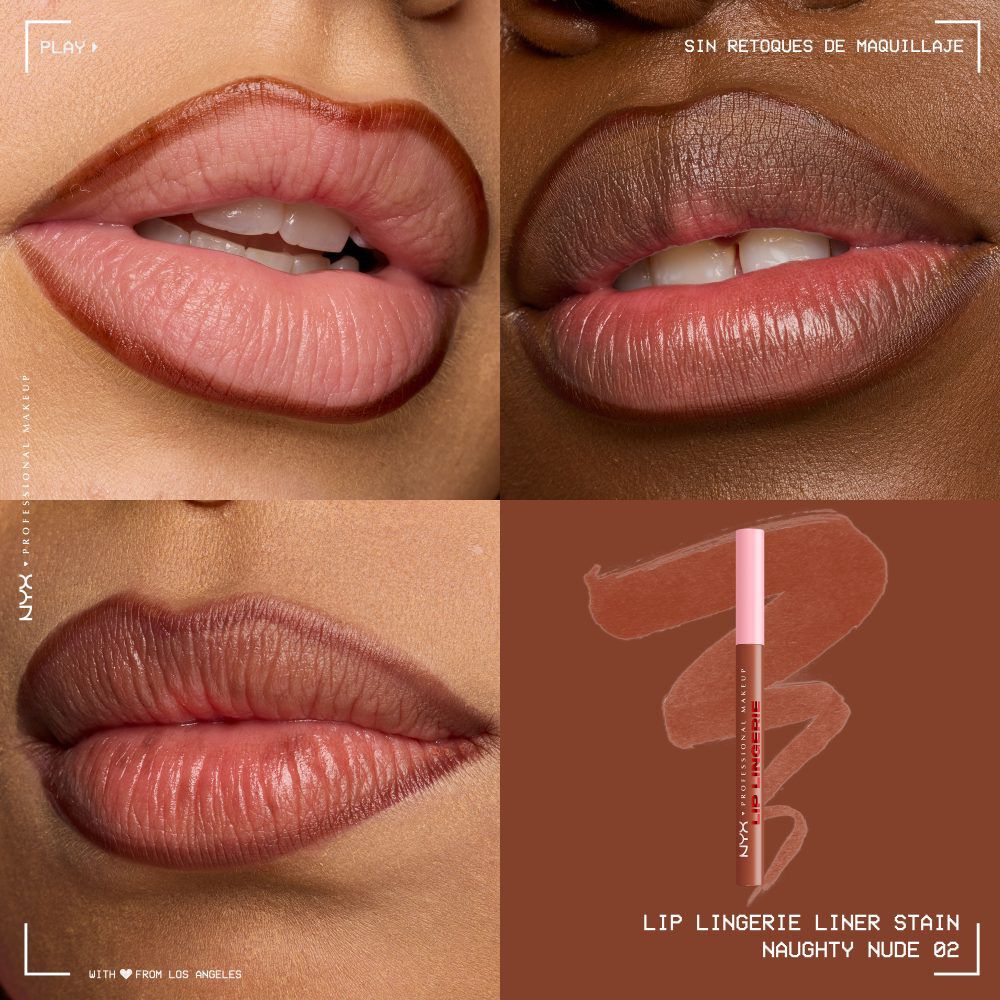 Quadrant showing Lip Lingerie Lip Liner Stain on three models of fair, deep, medium skin tones and the product solider with swatch behind the hex code color in shade 02 Naughty Nude