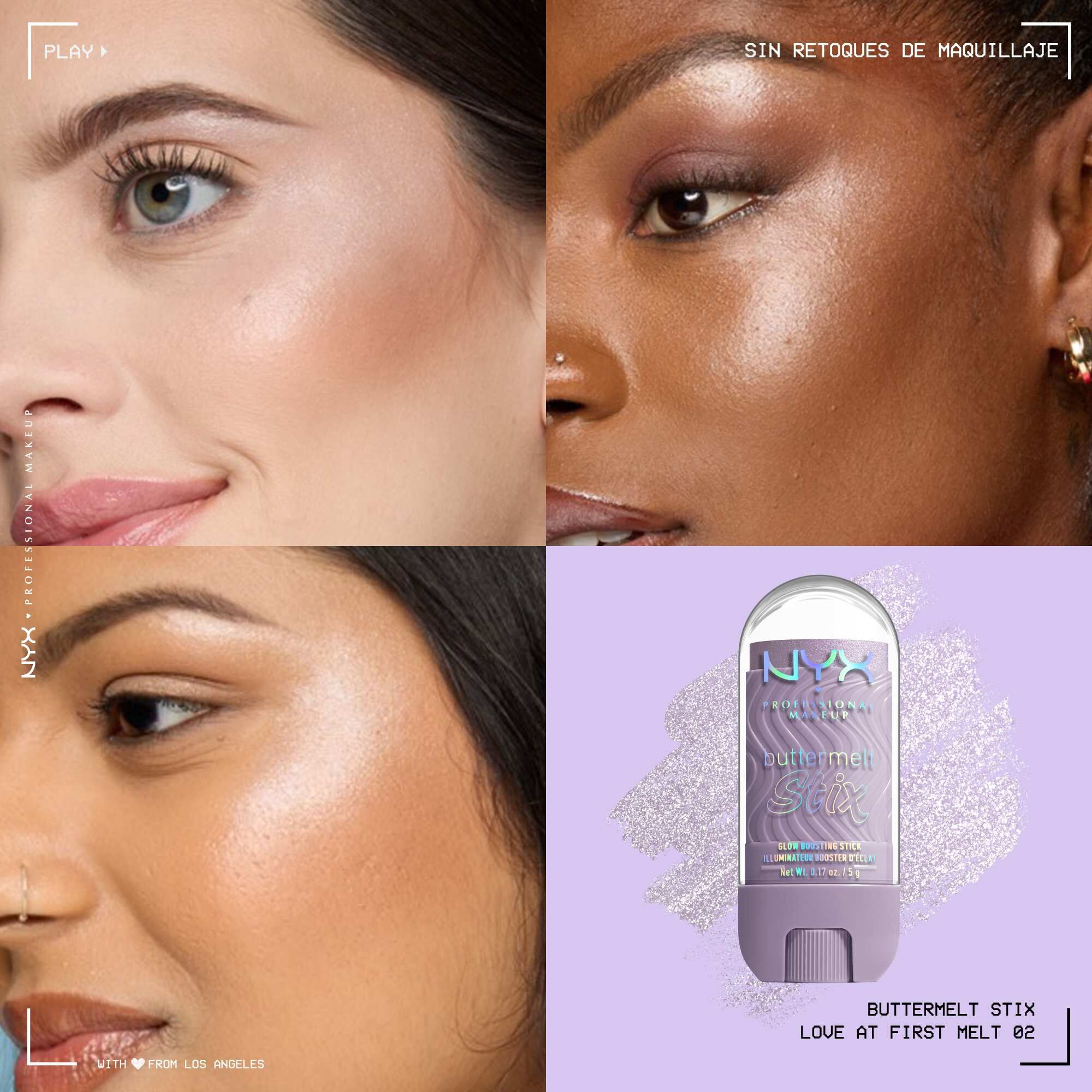 Quadrant showing Jelly Job lip macros on three models of fair, deep, medium skin tones and the product solider with swatch behind the hex code color in shade 02 Love At First Melt
