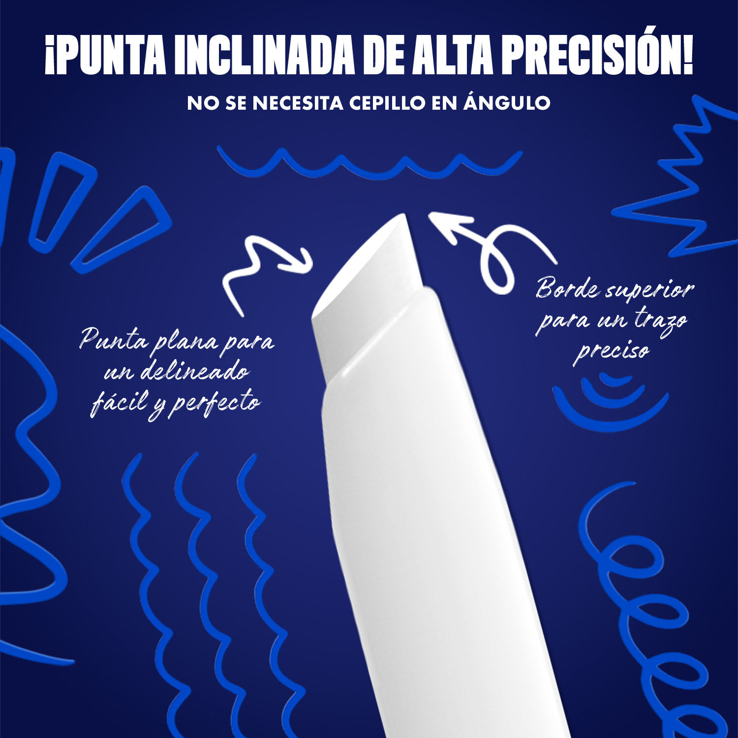 Blue-themed NYX graphic highlighting the slanted tip of an eyeliner pen. Arrows explain how to use the flat edge for wings and the top edge for precise lines. Text: "Ultra precise slanted tip! No angled brush needed." in shade 17 Wired White