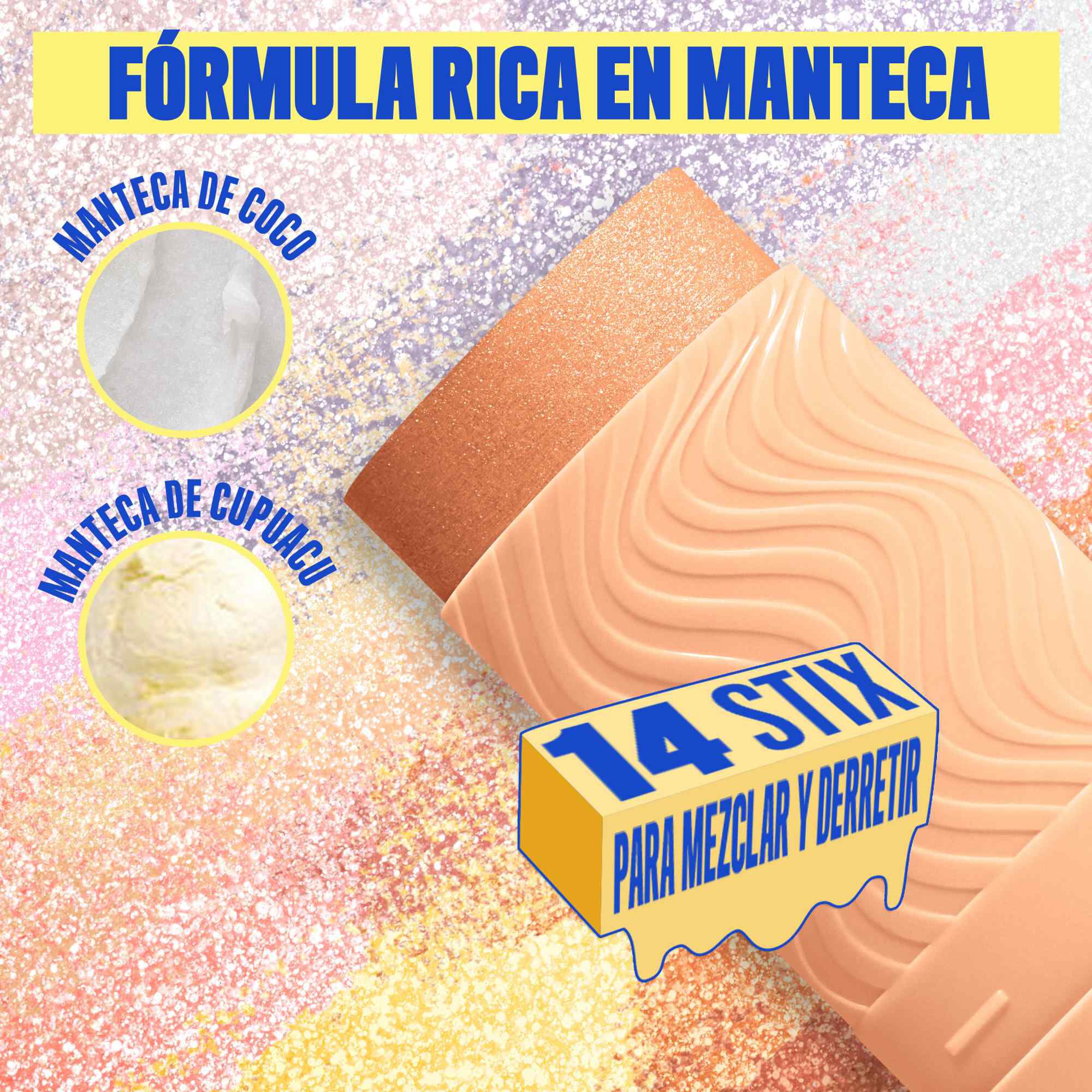 Buttermelt Stix product shown with various swatch textures as the background focusing on the coconut butter and cupuacu butter ingredients in shade 08 Let Me Melt