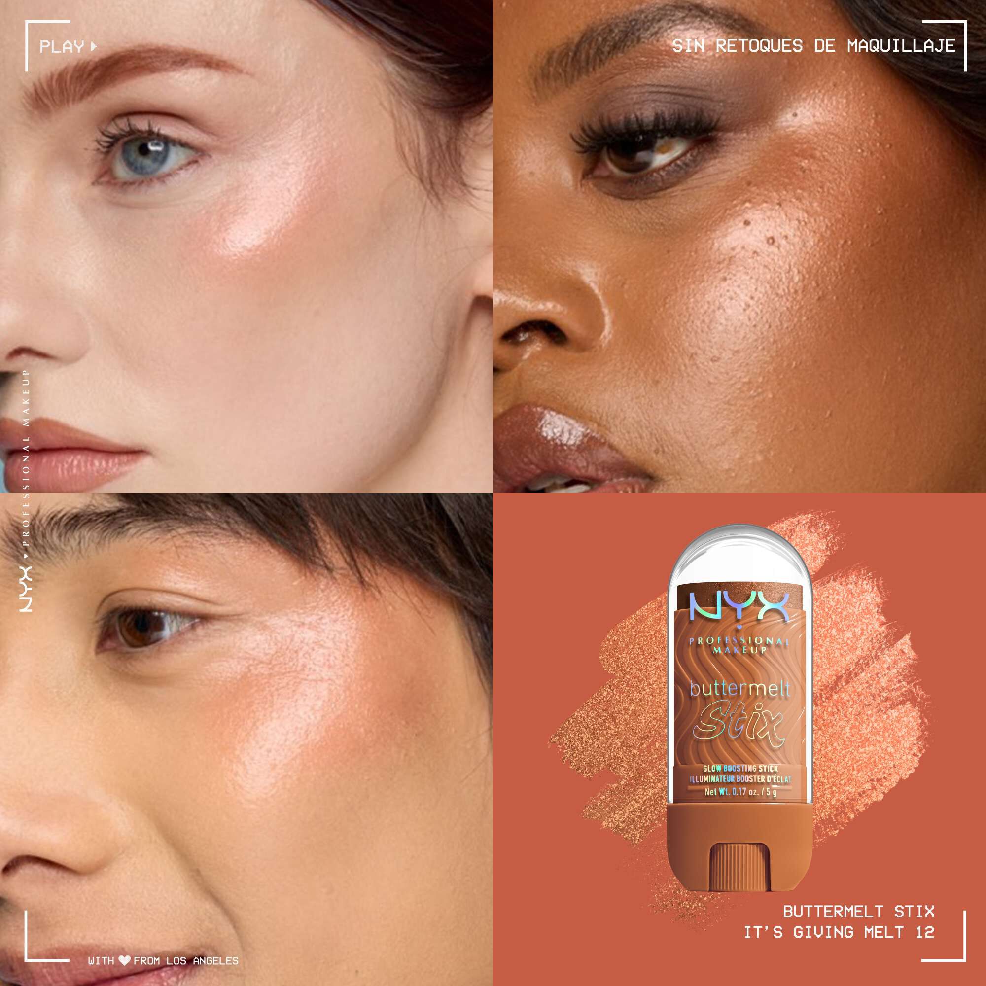 Quadrant showing Jelly Job lip macros on three models of fair, deep, medium skin tones and the product solider with swatch behind the hex code color in shade 12 It's Giving Melt