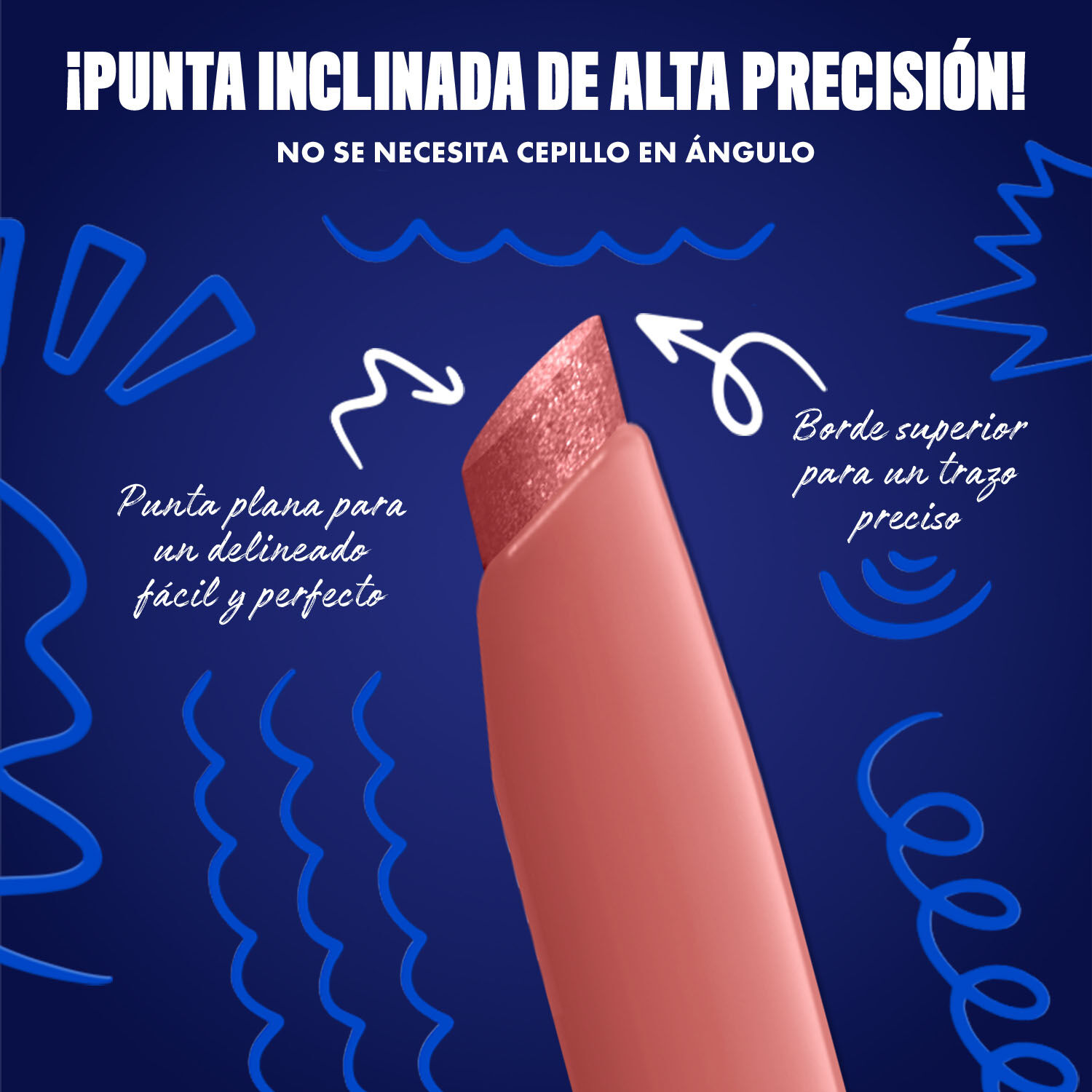 Blue-themed NYX graphic highlighting the slanted tip of an eyeliner pen. Arrows explain how to use the flat edge for wings and the top edge for precise lines. Text: "Ultra precise slanted tip! No angled brush needed." in shade 12 Blush Byte