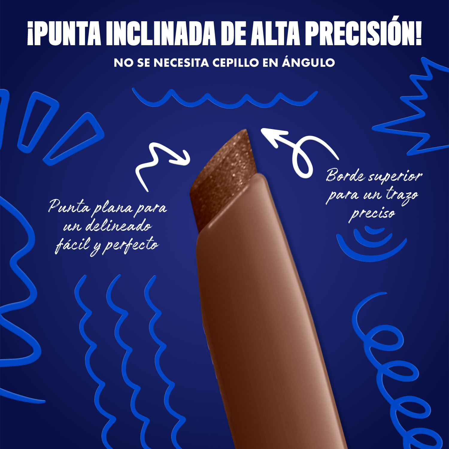 Blue-themed NYX graphic highlighting the slanted tip of an eyeliner pen. Arrows explain how to use the flat edge for wings and the top edge for precise lines. Text: "Ultra precise slanted tip! No angled brush needed." in shade 03 Kinetic Copper