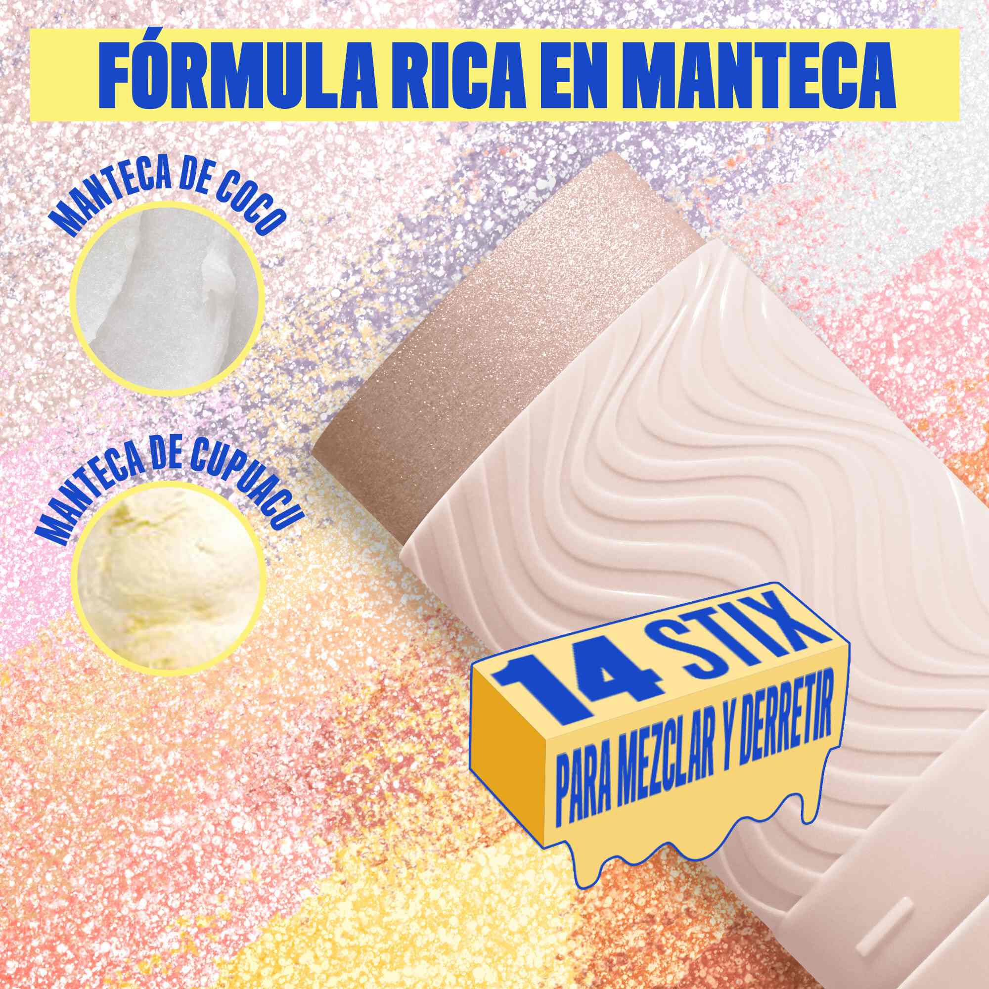 Buttermelt Stix product shown with various swatch textures as the background focusing on the coconut butter and cupuacu butter ingredients in shade 01 Big Melt Energy