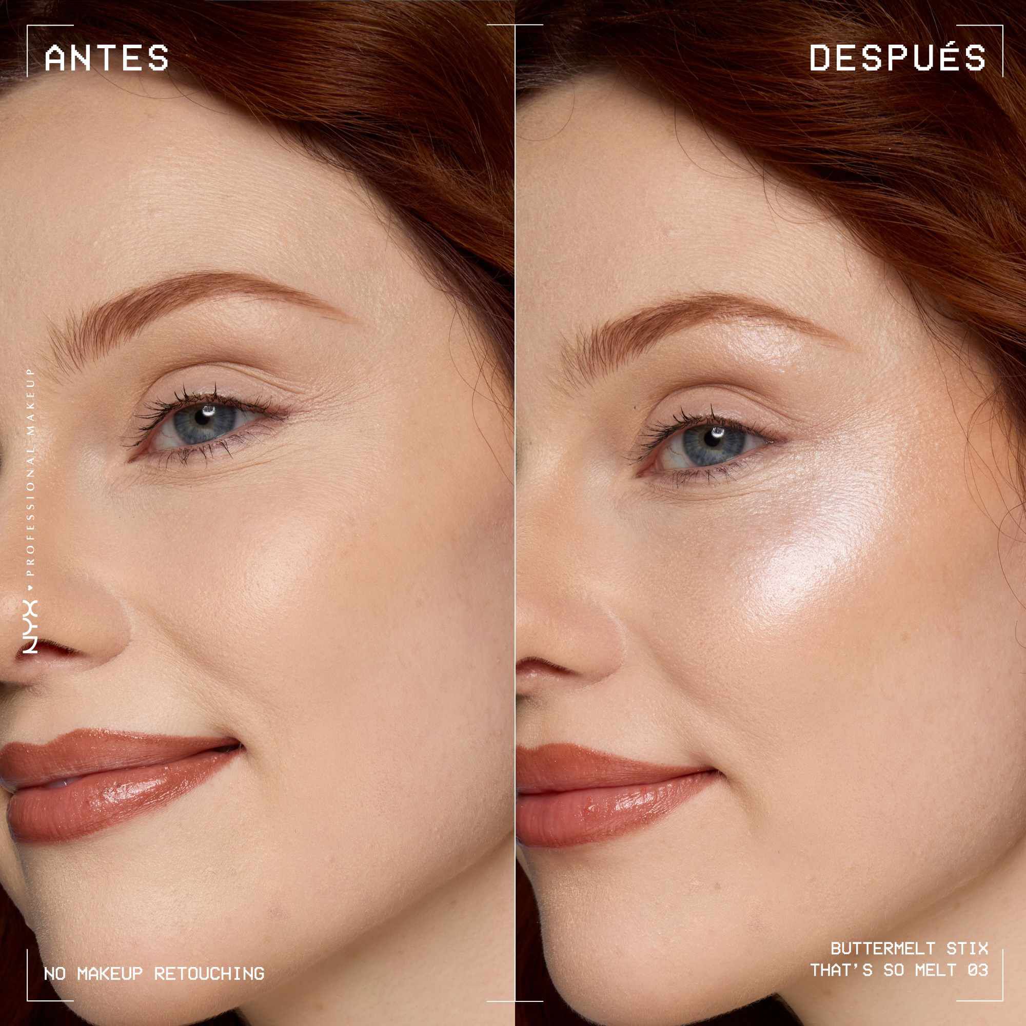 A side view of a model's face showing before and after results of using Buttermelt Stix in shade 03 That's So Melt