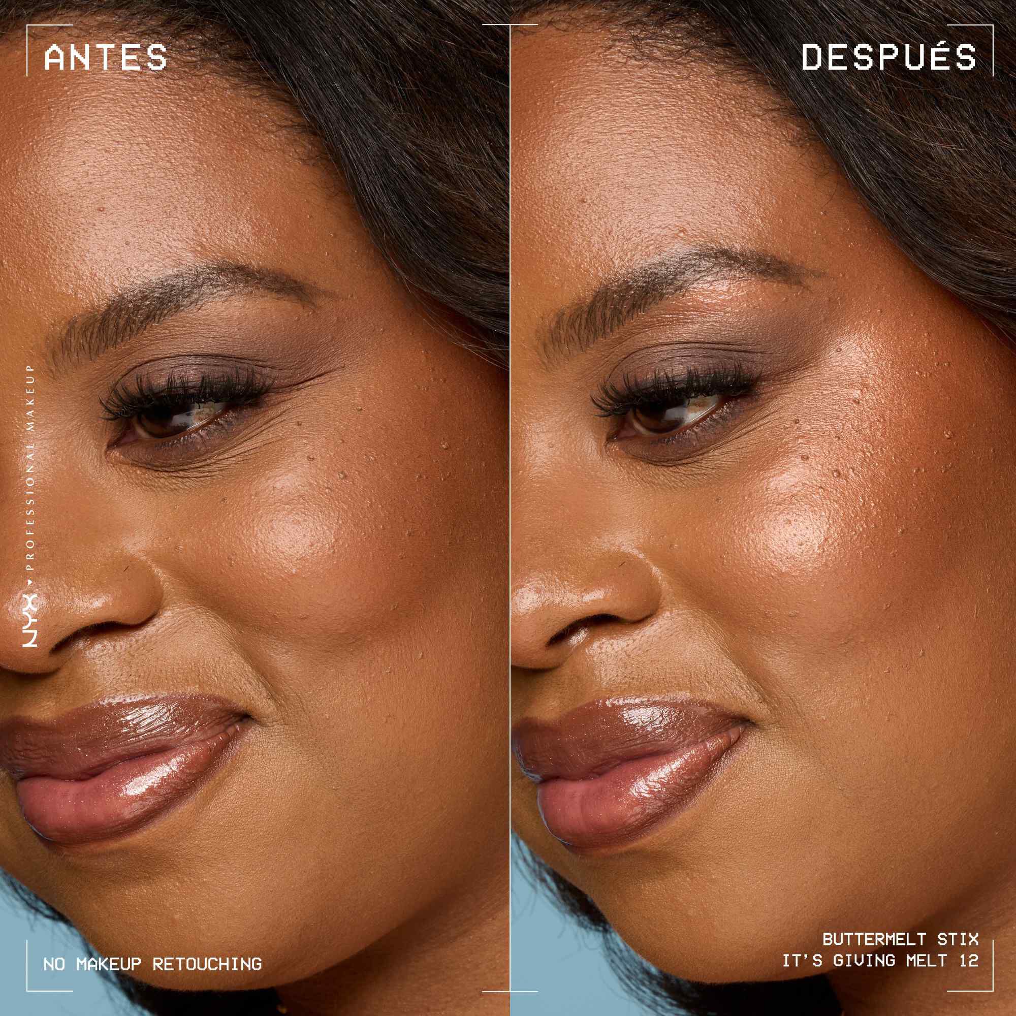 A side view of a model's face showing before and after results of using Buttermelt Stix in shade 12 It's Giving Melt
