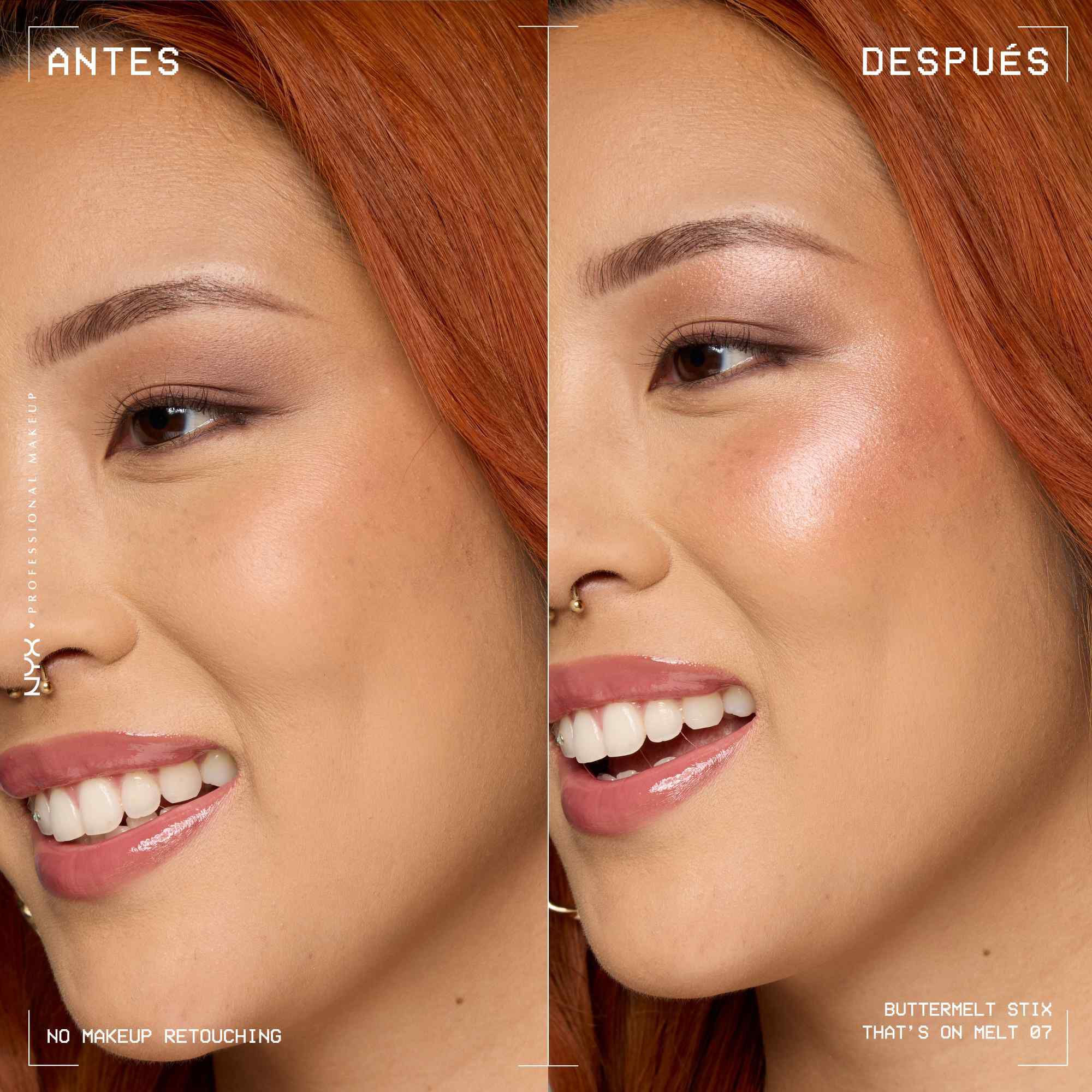 A side view of a model's face showing before and after results of using Buttermelt Stix in shade 07 That's On Melt