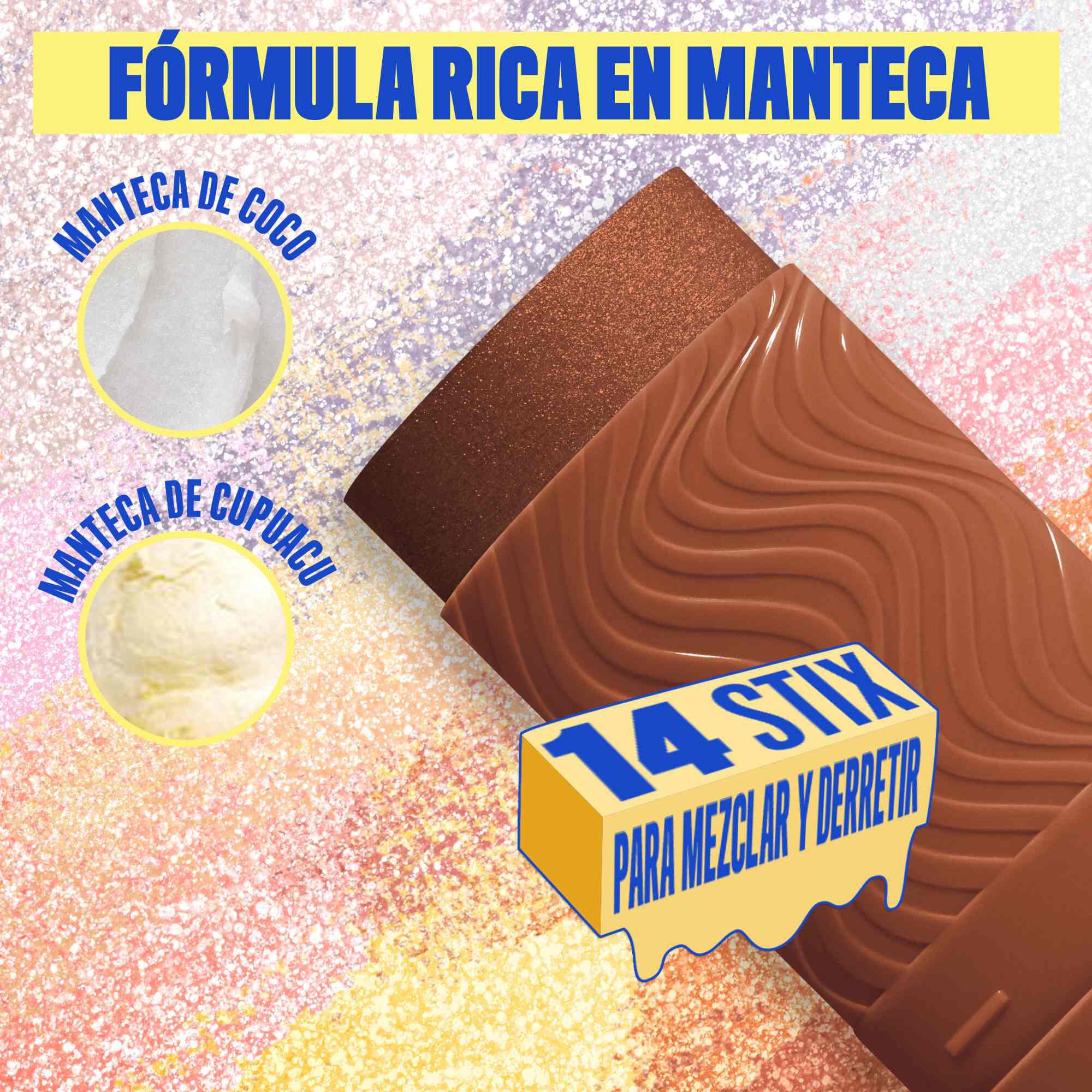 Buttermelt Stix product shown with various swatch textures as the background focusing on the coconut butter and cupuacu butter ingredients in shade 14 Melt To Be