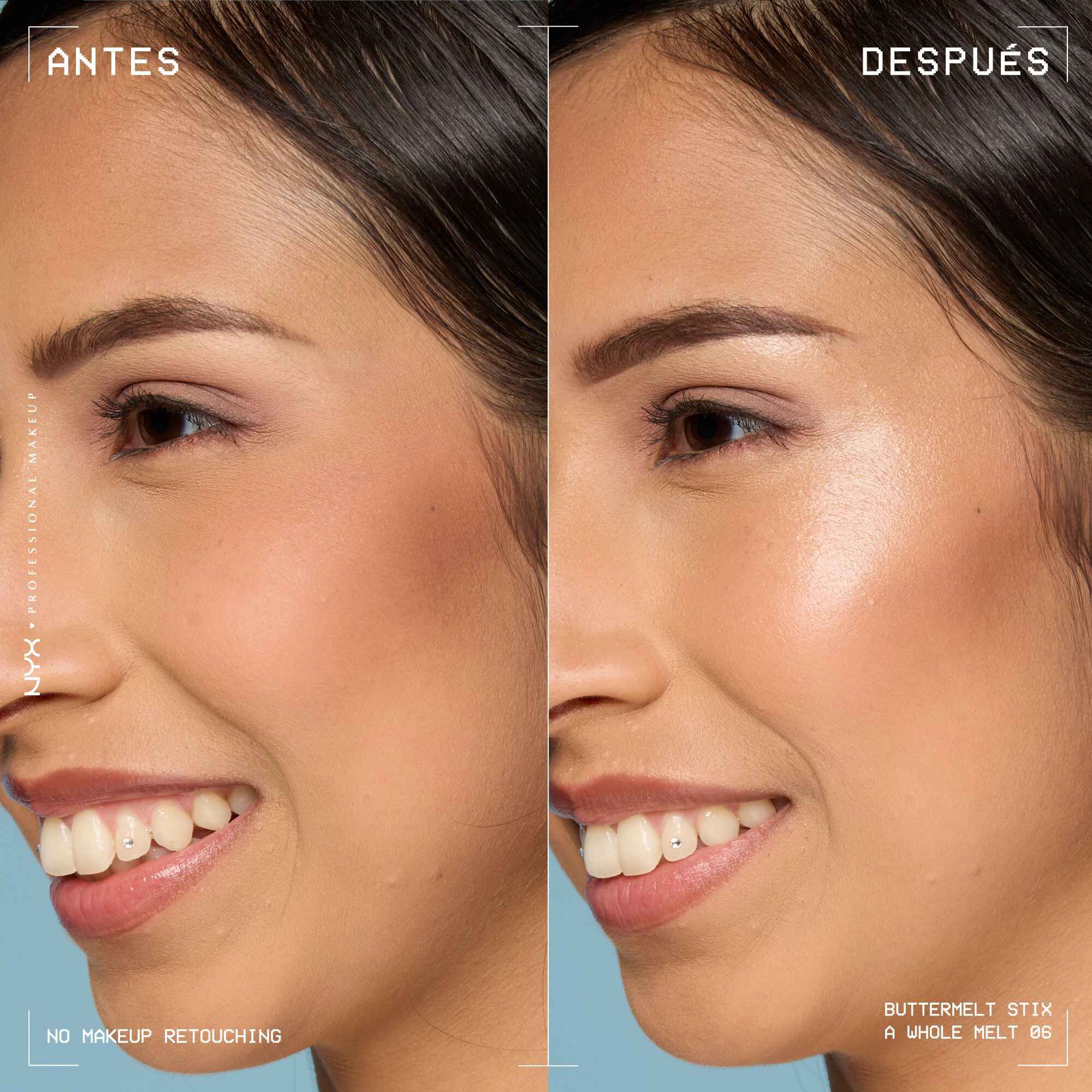 A side view of a model's face showing before and after results of using Buttermelt Stix in shade 06 A Whole Melt