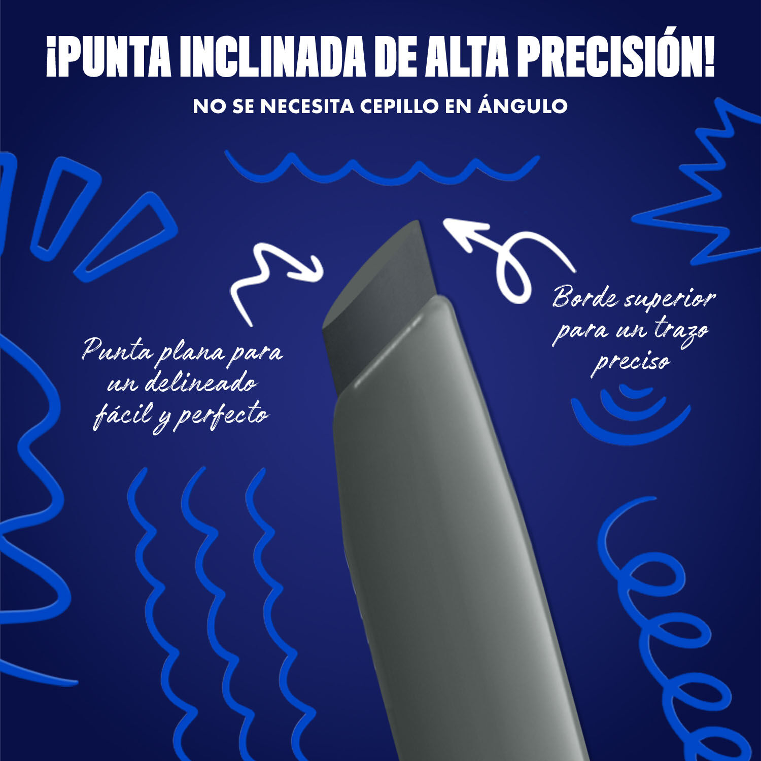 Blue-themed NYX graphic highlighting the slanted tip of an eyeliner pen. Arrows explain how to use the flat edge for wings and the top edge for precise lines. Text: "Ultra precise slanted tip! No angled brush needed." in shade 15 Off-Grid Grey