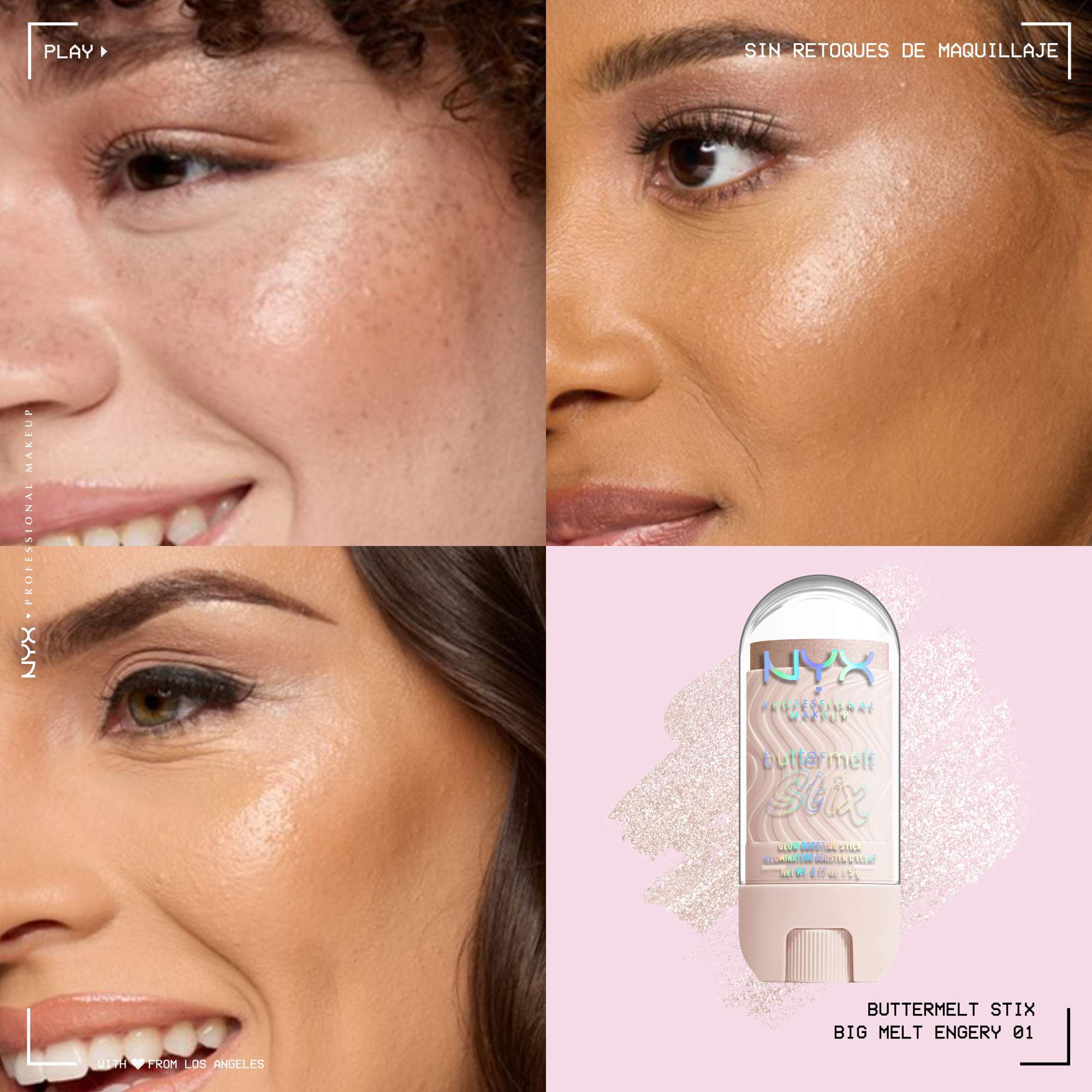 Quadrant showing Buttermelt Stix cheek macros on three models of fair, deep, medium skin tones and the product solider with swatch behind the hex code color in shade 01 Big Melt Energy