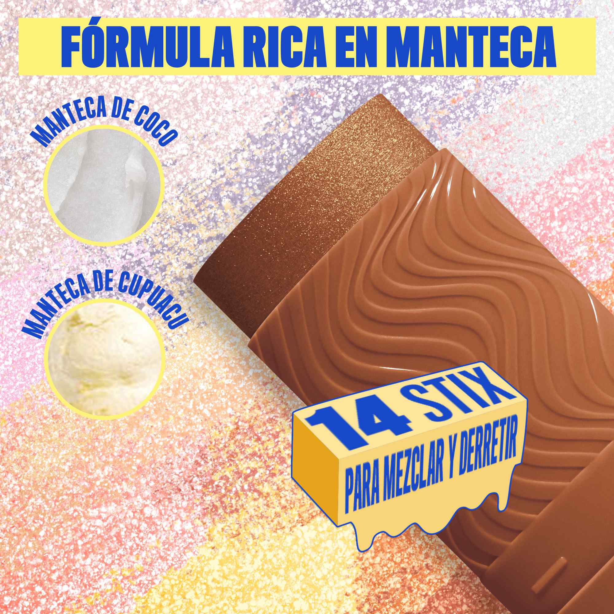 Buttermelt Stix product shown with various swatch textures as the background focusing on the coconut butter and cupuacu butter ingredients in shade 11 Melt You Later