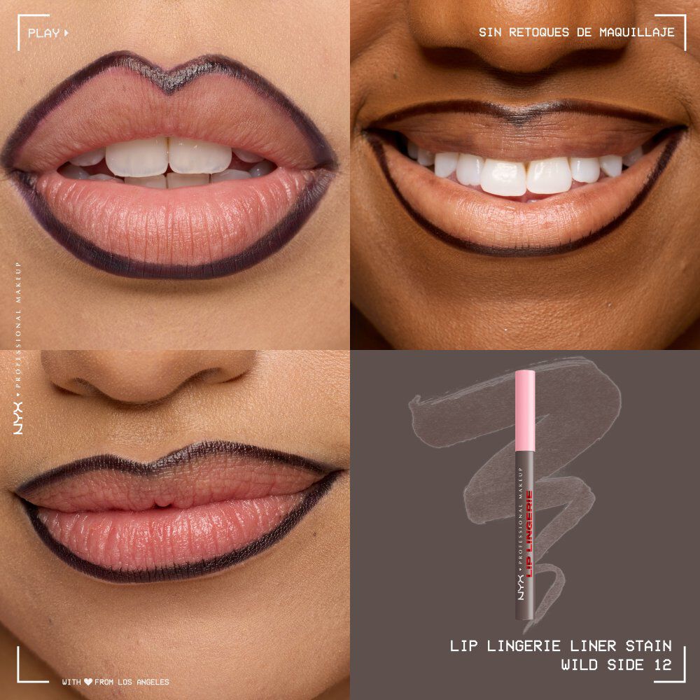 Quadrant showing Lip Lingerie Lip Liner Stain on three models of fair, deep, medium skin tones and the product solider with swatch behind the hex code color in shade 12 Wild Side