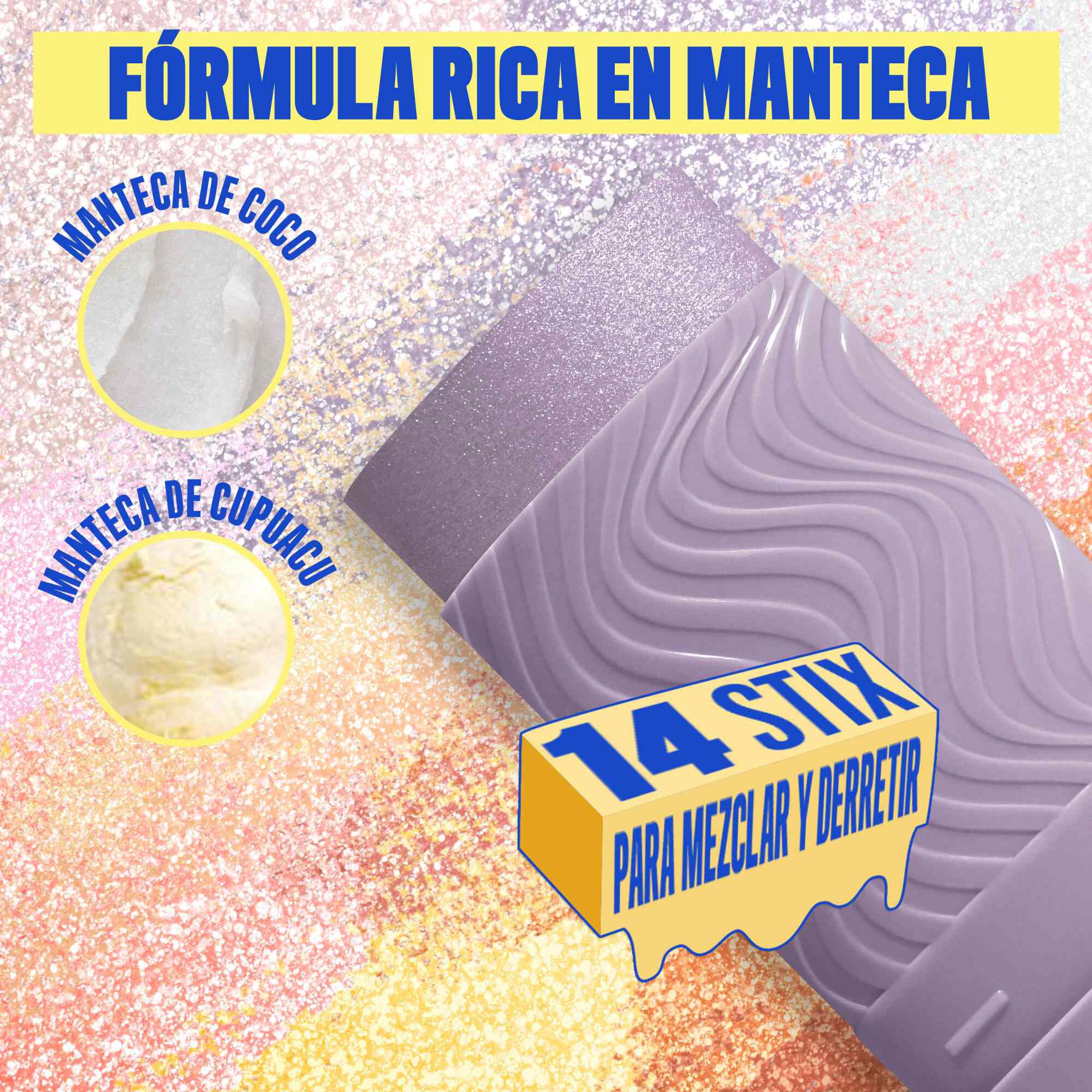 Buttermelt Stix product shown with various swatch textures as the background focusing on the coconut butter and cupuacu butter ingredients in shade 02 Love At First Melt
