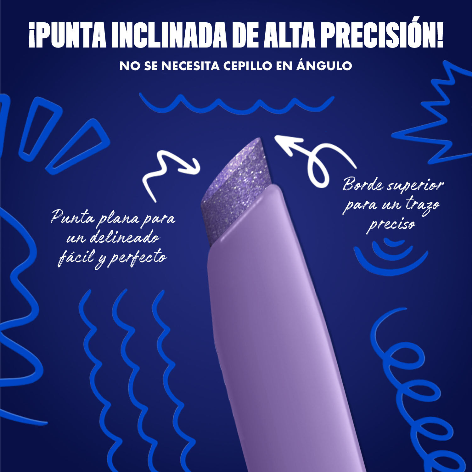Blue-themed NYX graphic highlighting the slanted tip of an eyeliner pen. Arrows explain how to use the flat edge for wings and the top edge for precise lines. Text: "Ultra precise slanted tip! No angled brush needed." in shade 09 Violet Volt