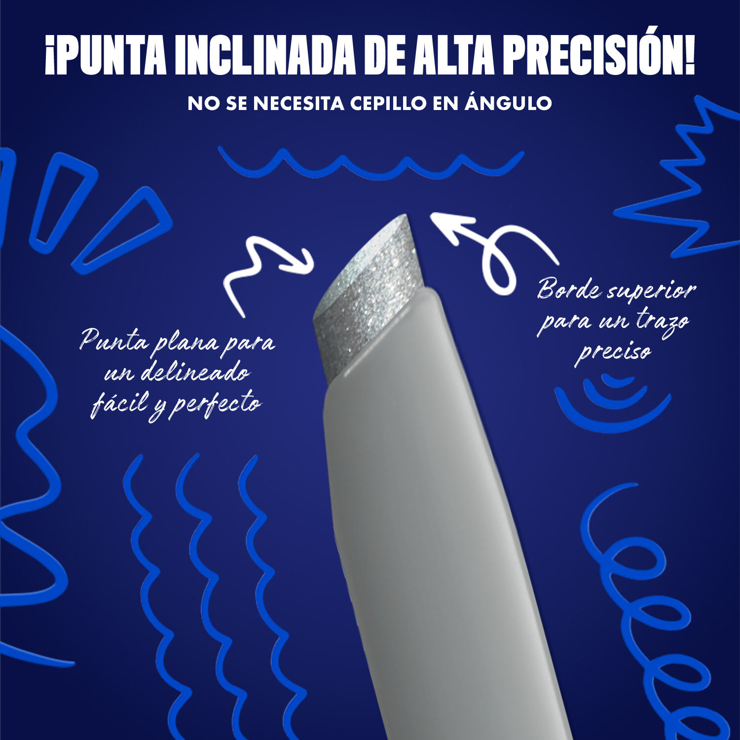 Blue-themed NYX graphic highlighting the slanted tip of an eyeliner pen. Arrows explain how to use the flat edge for wings and the top edge for precise lines. Text: "Ultra precise slanted tip! No angled brush needed." in shade 16 Silver Shock