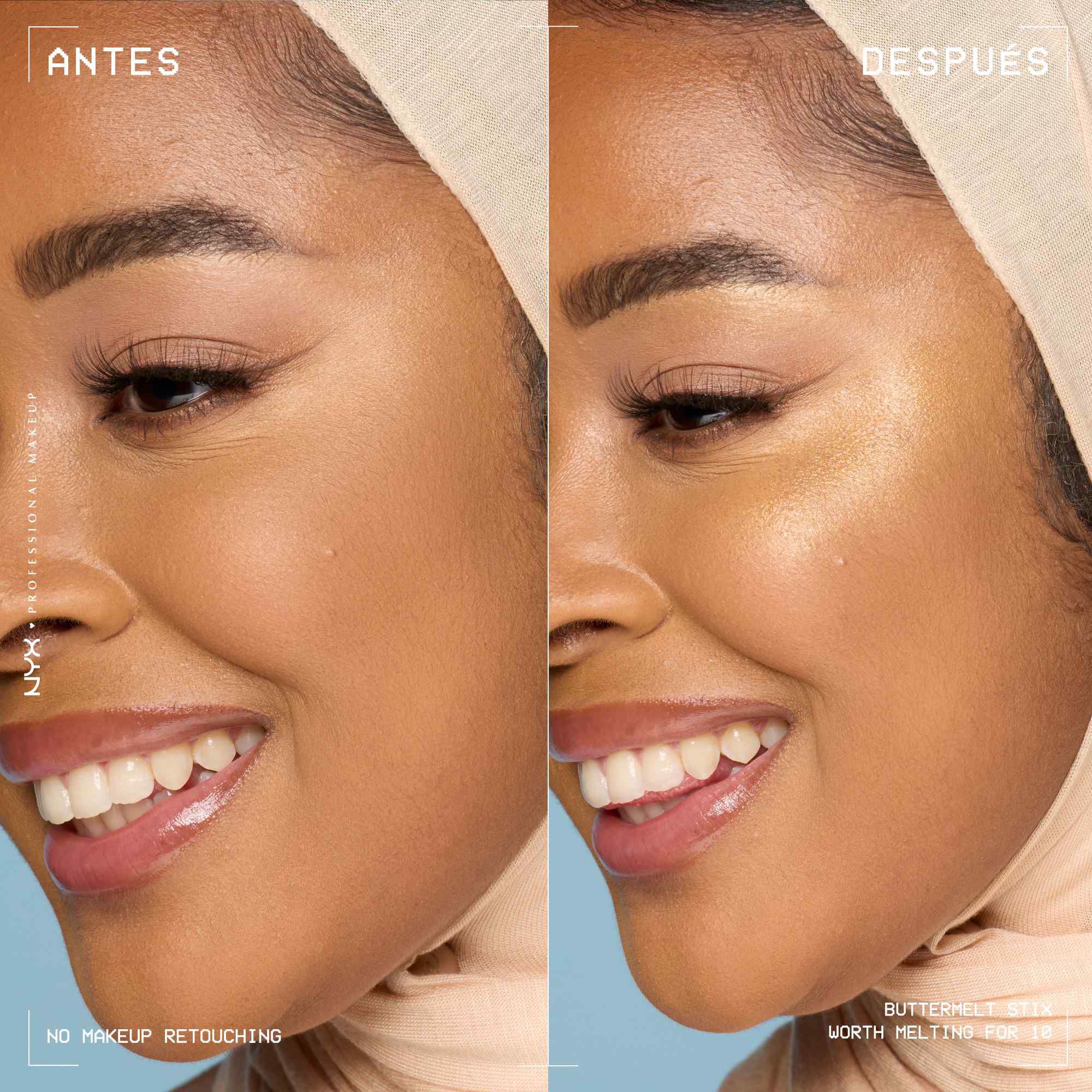 A side view of a model's face showing before and after results of using Buttermelt Stix in shade 10 Worth Melting For