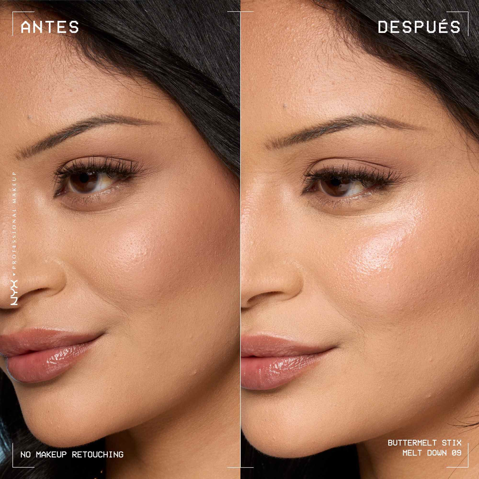 A side view of a model's face showing before and after results of using Buttermelt Stix in shade 09 Melt Down
