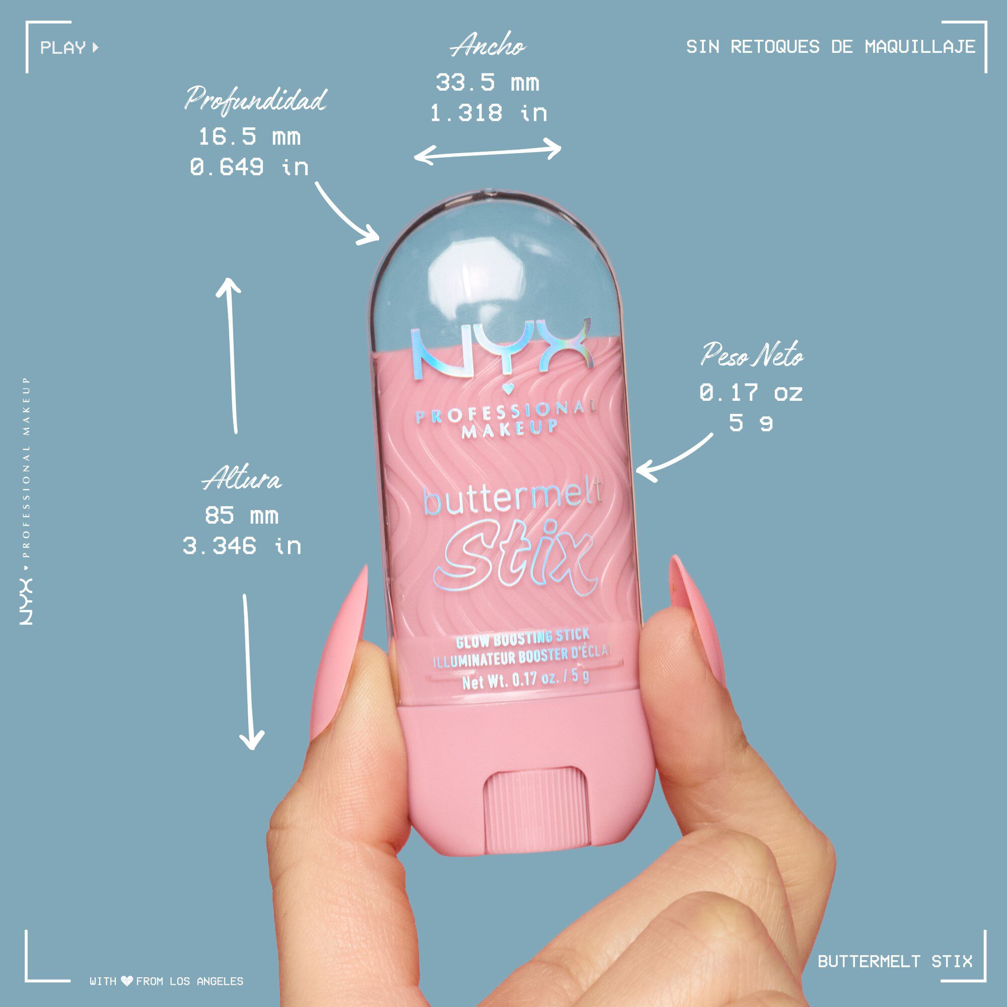 Close up of a model holding a Buttermelt Stix product and dimensions outlined 