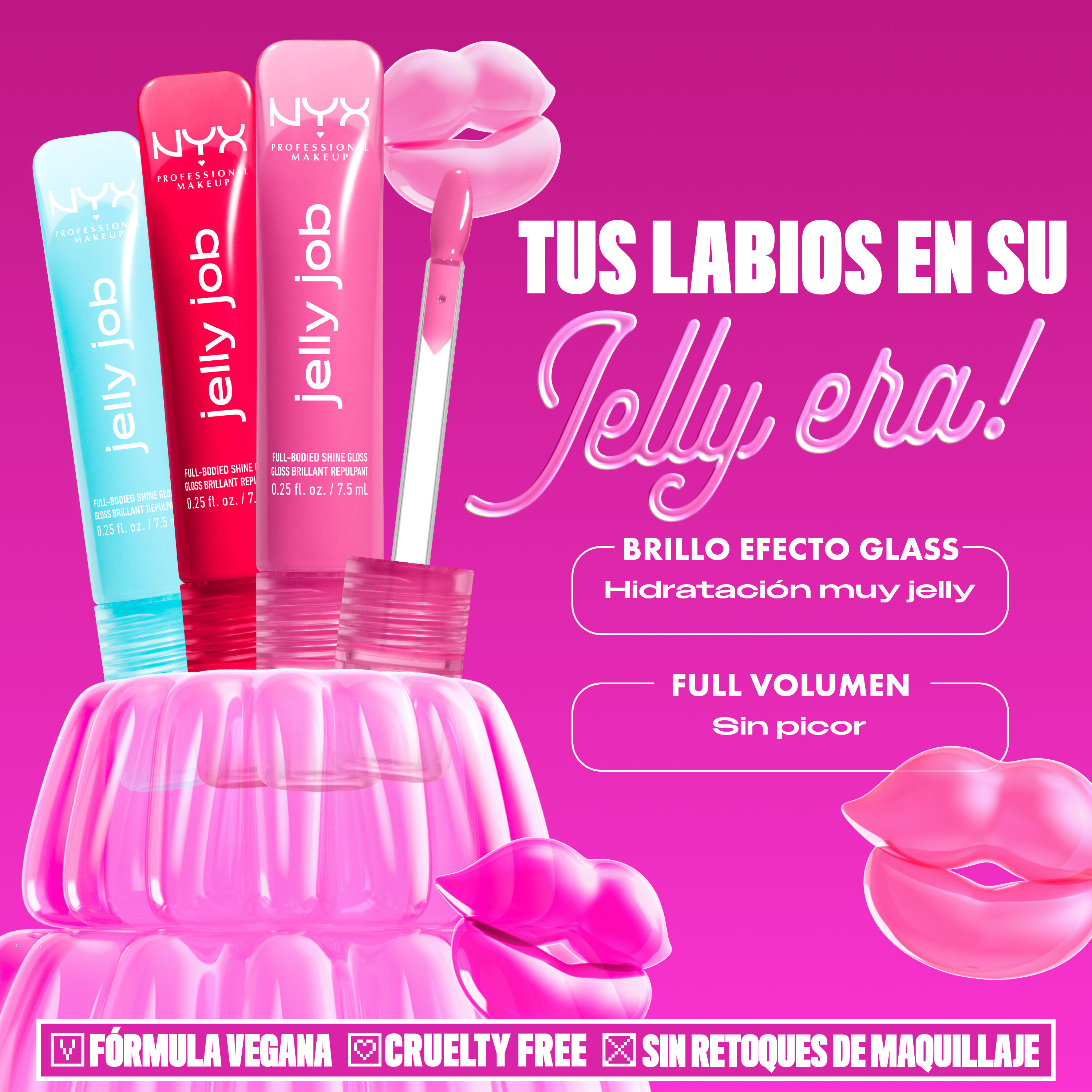 Bold pink NYX promotional image with jelly-themed graphics. Three tubes of Jelly gloss are displayed with a large pink jelly mold. Text reads: "No filler, just jelly! Jelly smooth lip smoothing shine. Jelly juicy full-bodied volume." Bottom row includes icons for vegan formulas, cruelty-free, and no makeup retouching.