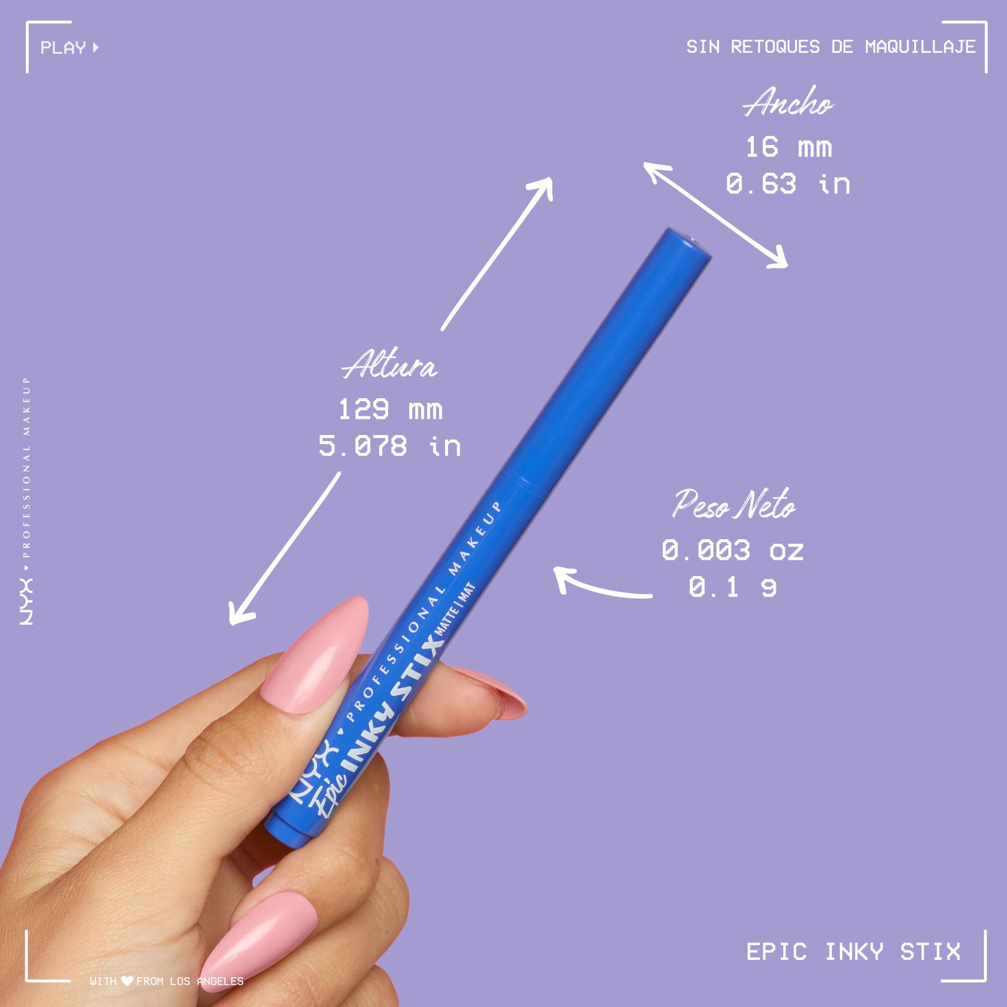 Close up of a model holding a Epic Inky Stix product and dimensions outlined 