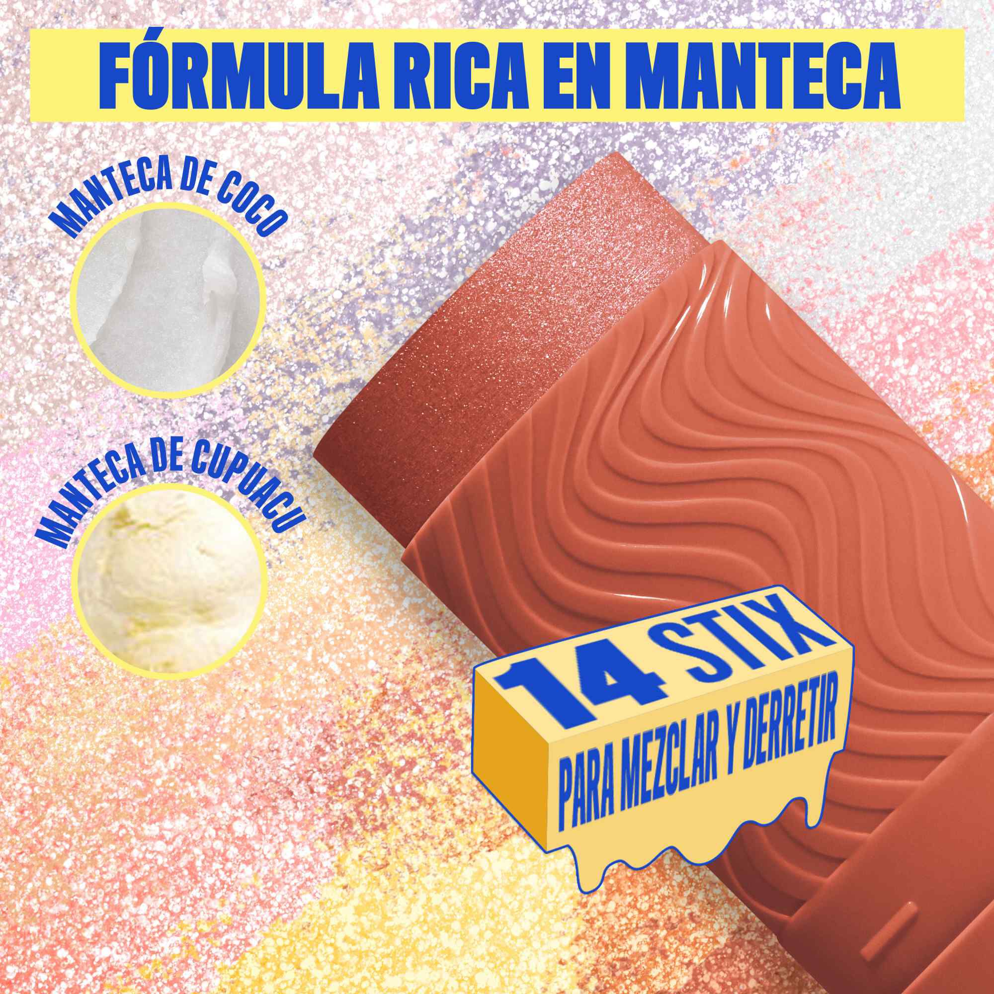 Buttermelt Stix product shown with various swatch textures as the background focusing on the coconut butter and cupuacu butter ingredients in shade 07 That's On Melt