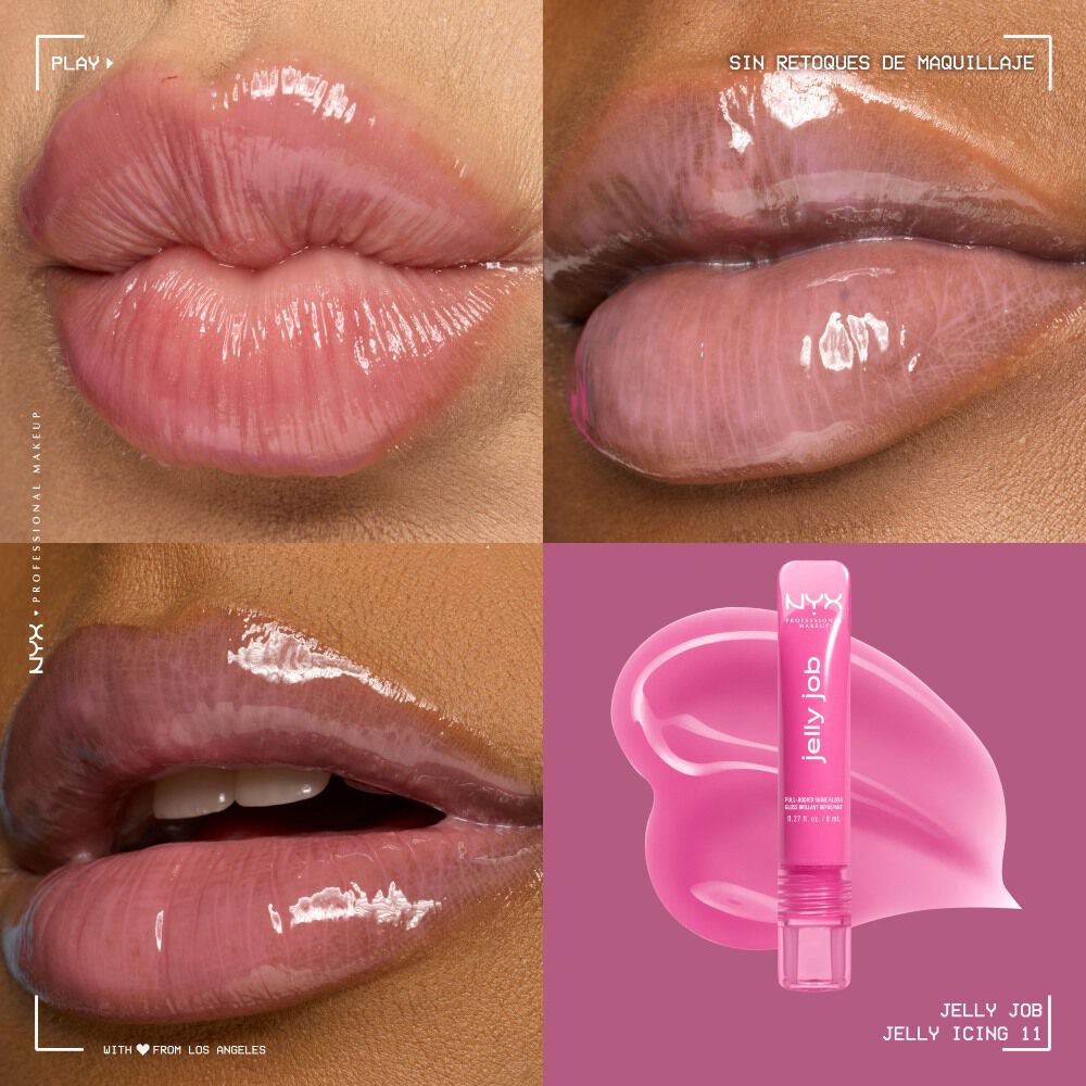 Quadrant showing Jelly Job lip macros on three models of fair, deep, medium skin tones and the product solider with swatch behind the hex code color in shade 11 Jelly Icing