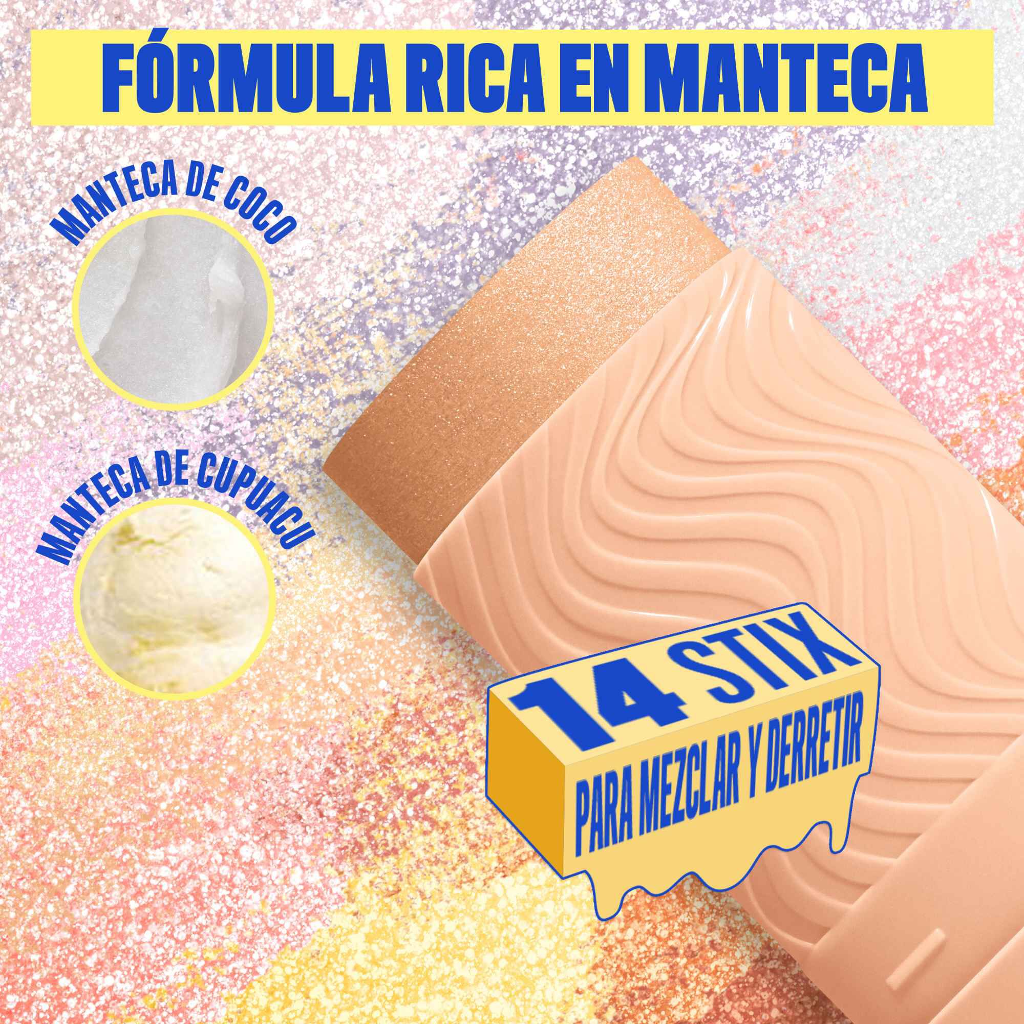 Buttermelt Stix product shown with various swatch textures as the background focusing on the coconut butter and cupuacu butter ingredients in shade 06 A Whole Melt