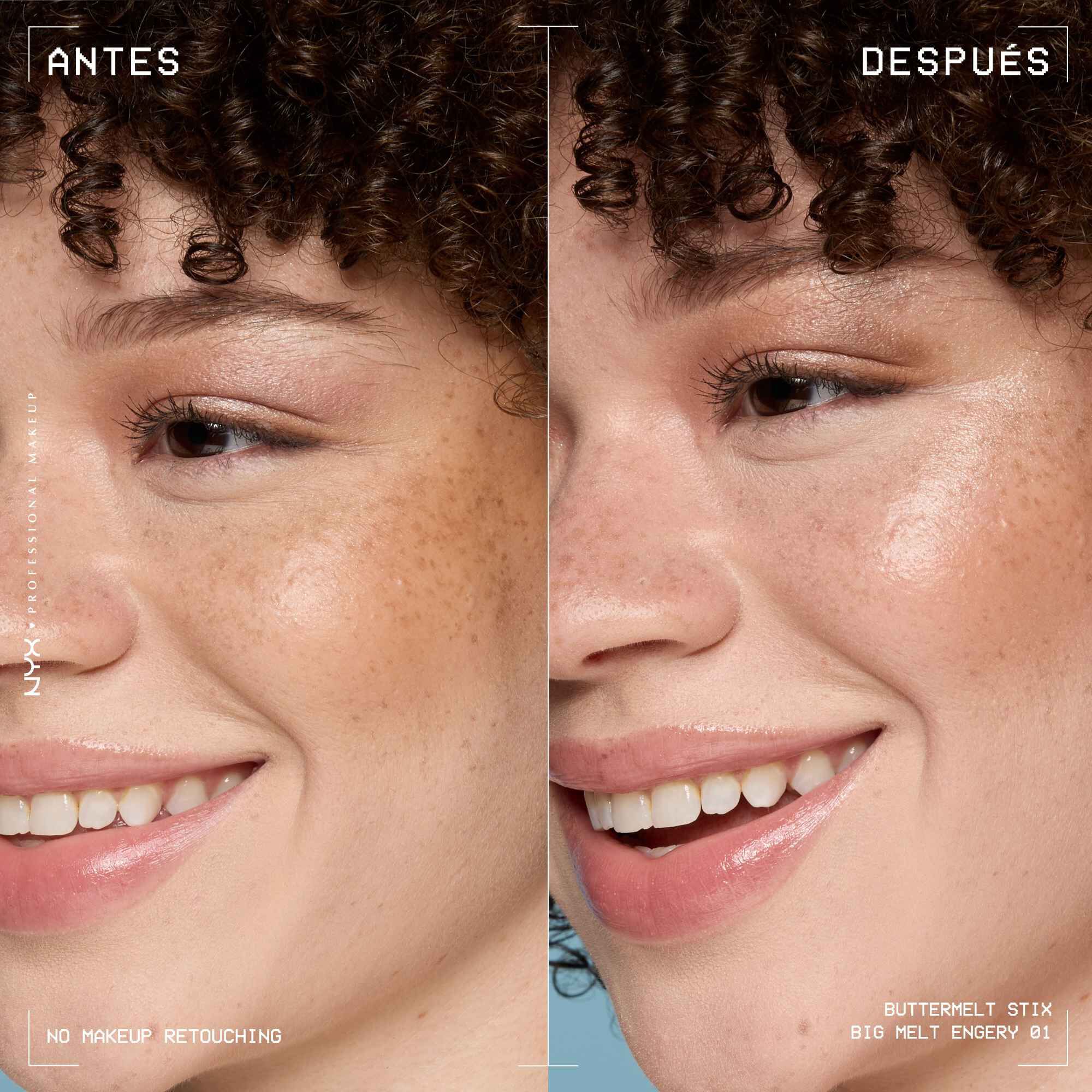 A side view of a model's face showing before and after results of using Buttermelt Stix in shade 01 Big Melt Energy