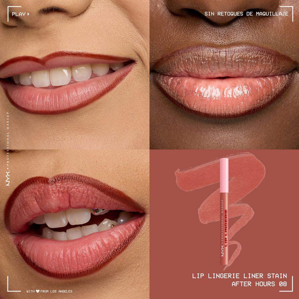 Quadrant showing Lip Lingerie Lip Liner Stain on three models of fair, deep, medium skin tones and the product solider with swatch behind the hex code color in shade 08 After Hours