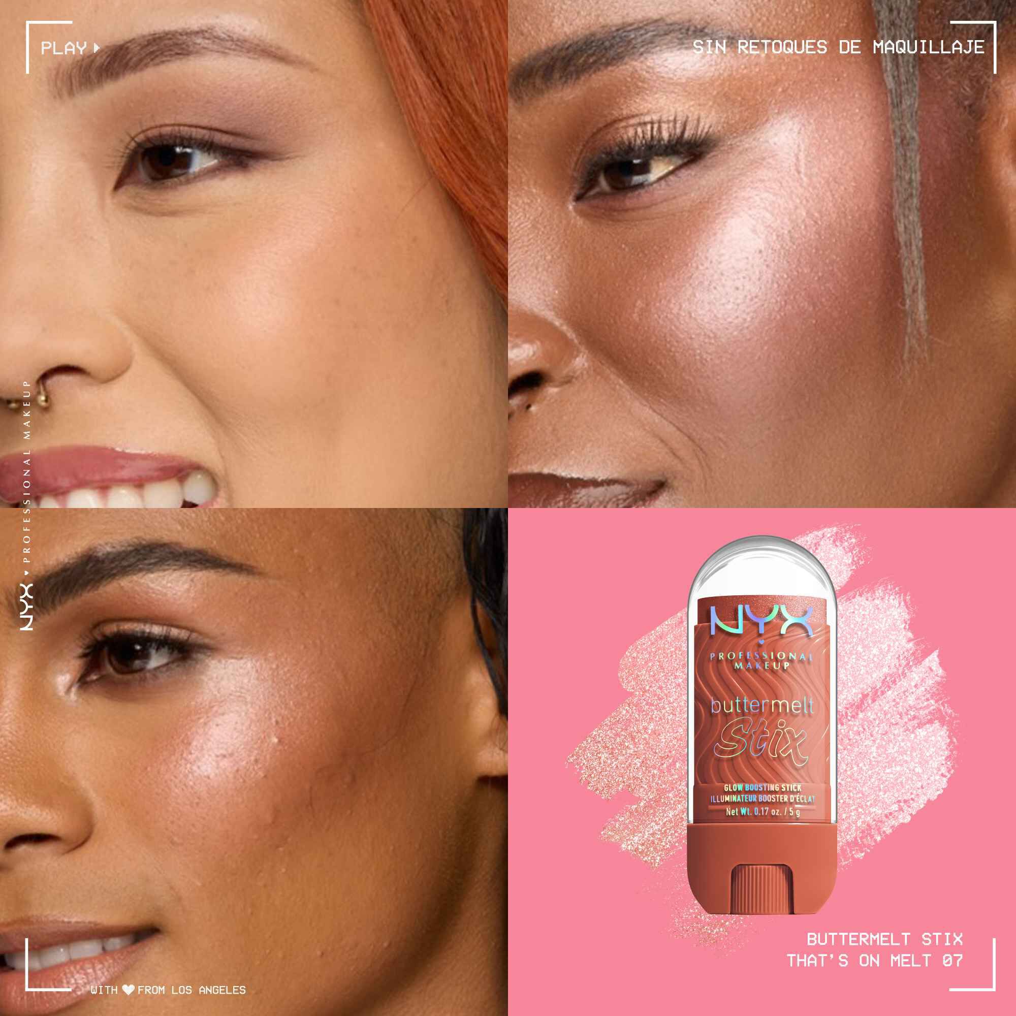 Quadrant showing Jelly Job lip macros on three models of fair, deep, medium skin tones and the product solider with swatch behind the hex code color in shade 07 That's On Melt
