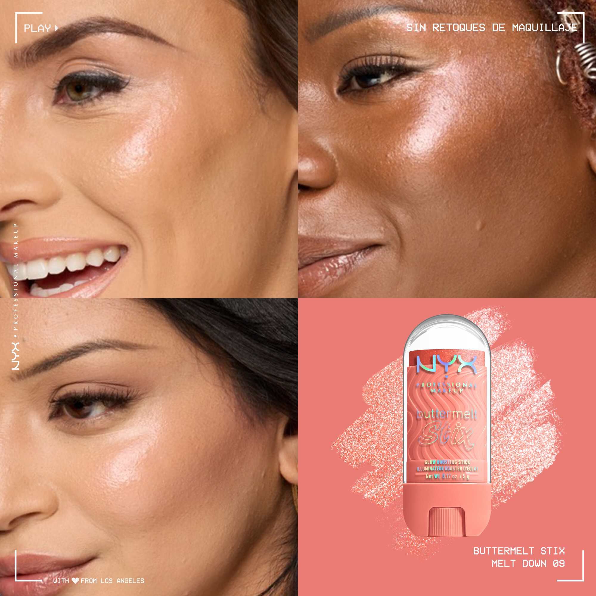 Quadrant showing Jelly Job lip macros on three models of fair, deep, medium skin tones and the product solider with swatch behind the hex code color in shade 09 Melt Down