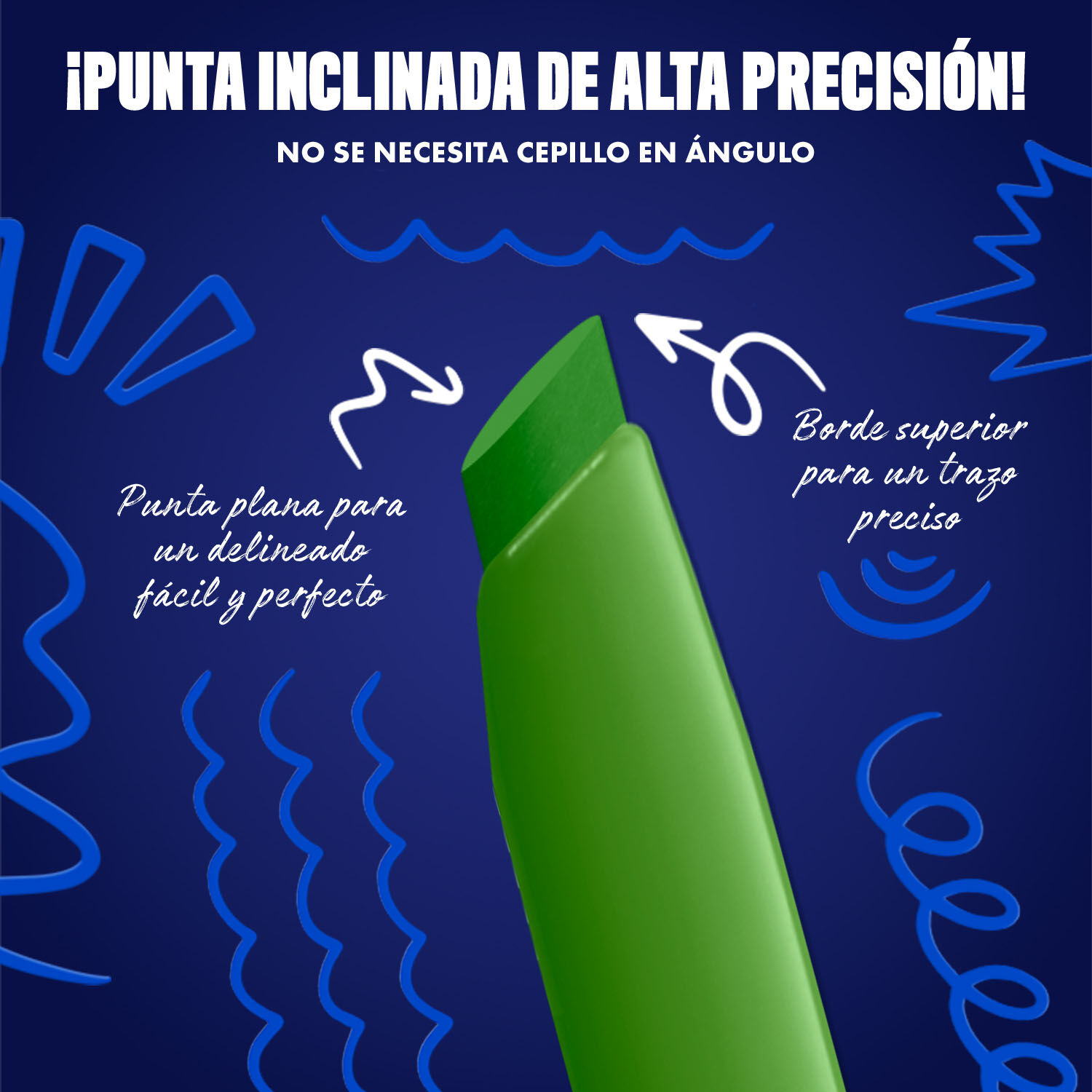 Blue-themed NYX graphic highlighting the slanted tip of an eyeliner pen. Arrows explain how to use the flat edge for wings and the top edge for precise lines. Text: "Ultra precise slanted tip! No angled brush needed." in shade 13 On-Lime