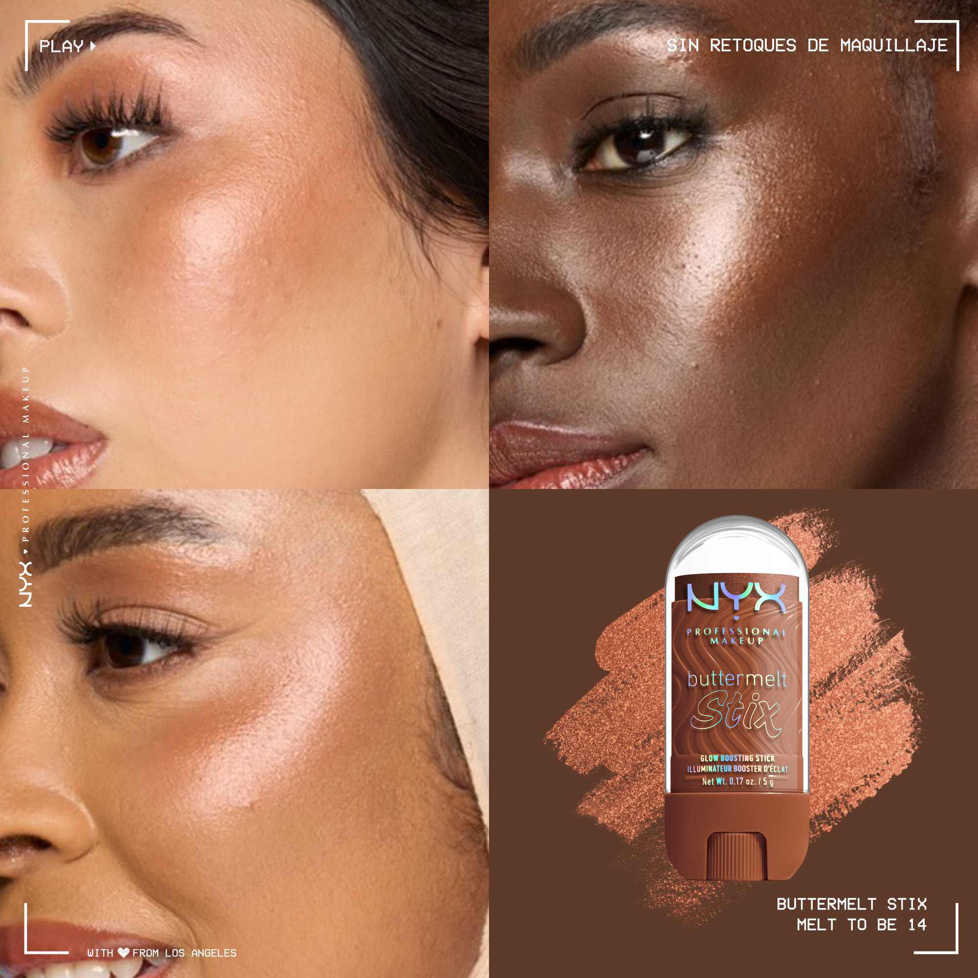 Quadrant showing Jelly Job lip macros on three models of fair, deep, medium skin tones and the product solider with swatch behind the hex code color in shade 14 Melt To Be