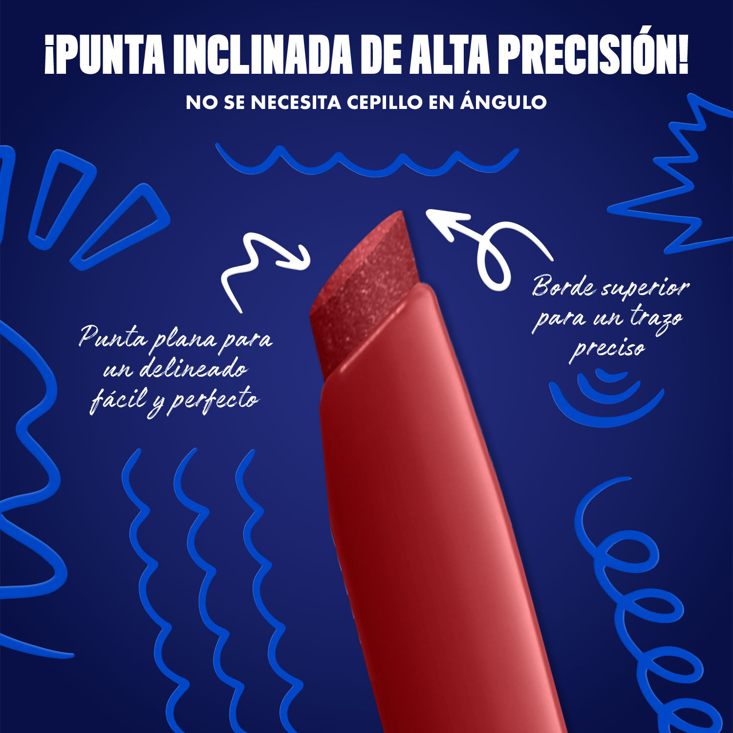 Blue-themed NYX graphic highlighting the slanted tip of an eyeliner pen. Arrows explain how to use the flat edge for wings and the top edge for precise lines. Text: "Ultra precise slanted tip! No angled brush needed." in shade 04 Robotic Red